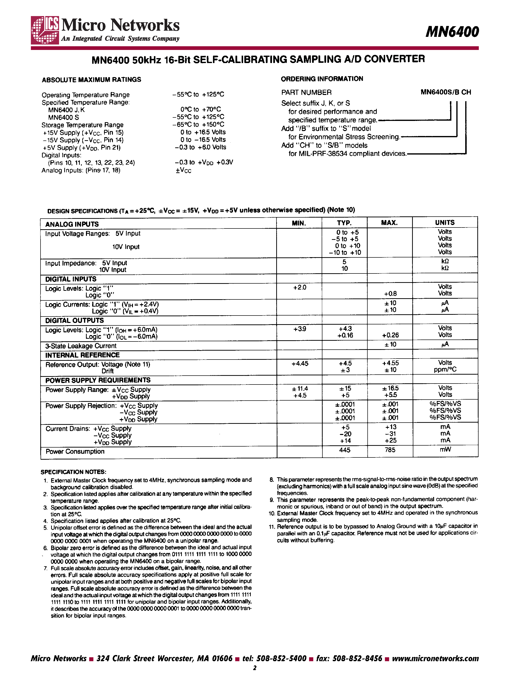 Даташит MN6400 - 16-bit Self-Calibrating Sampling A/D Converter страница 2