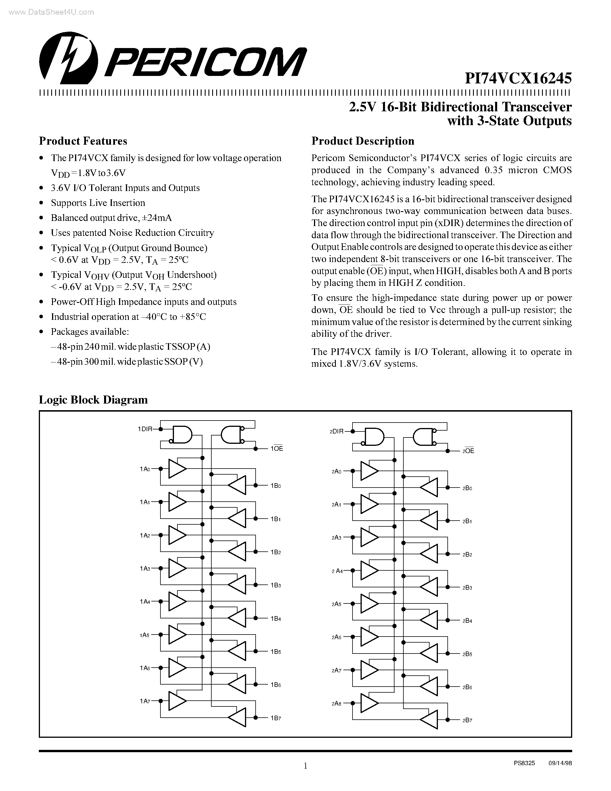 Datasheet PI74VCX16245 - 2.5V 16-Bit Bidirectional Transceiver page 1