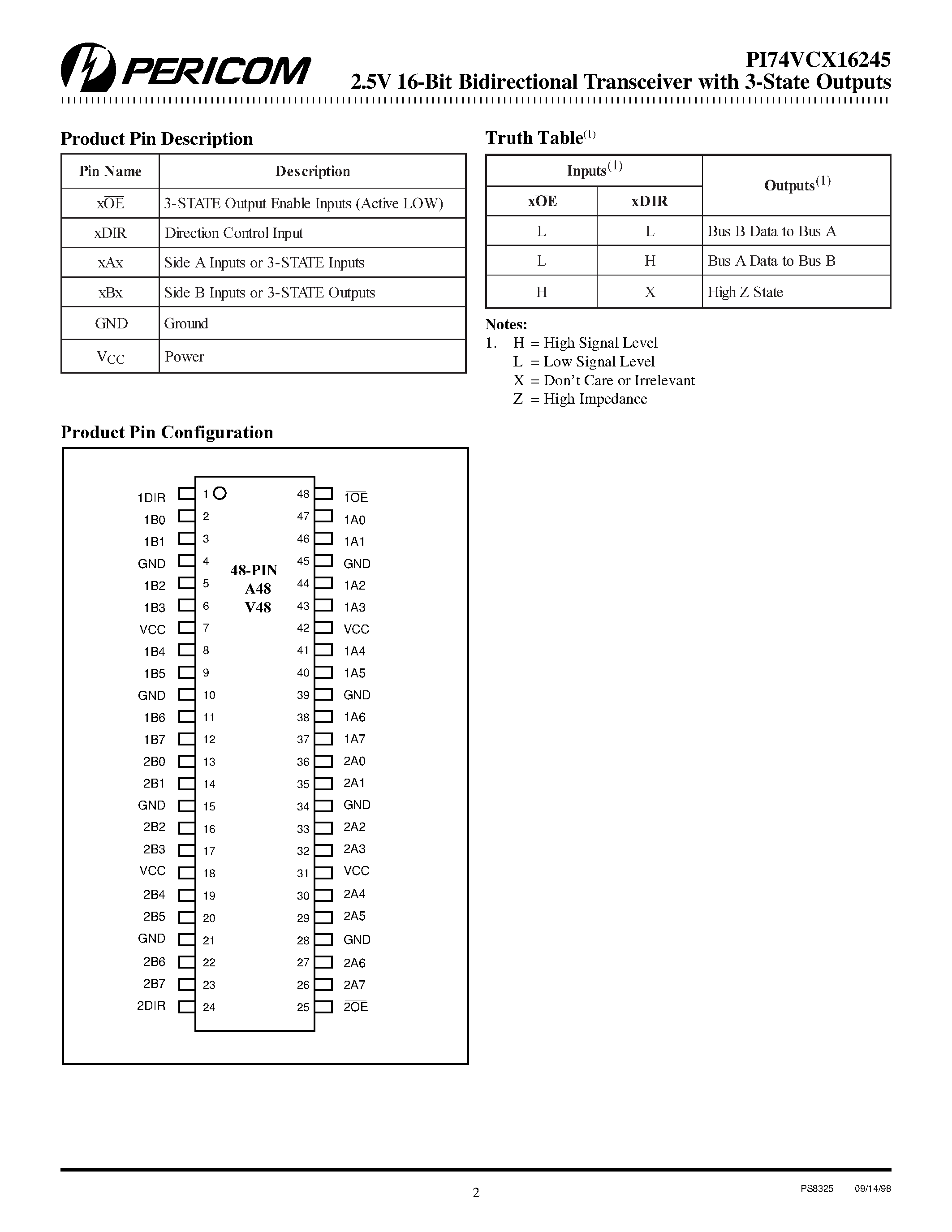 Datasheet PI74VCX16245 - 2.5V 16-Bit Bidirectional Transceiver page 2