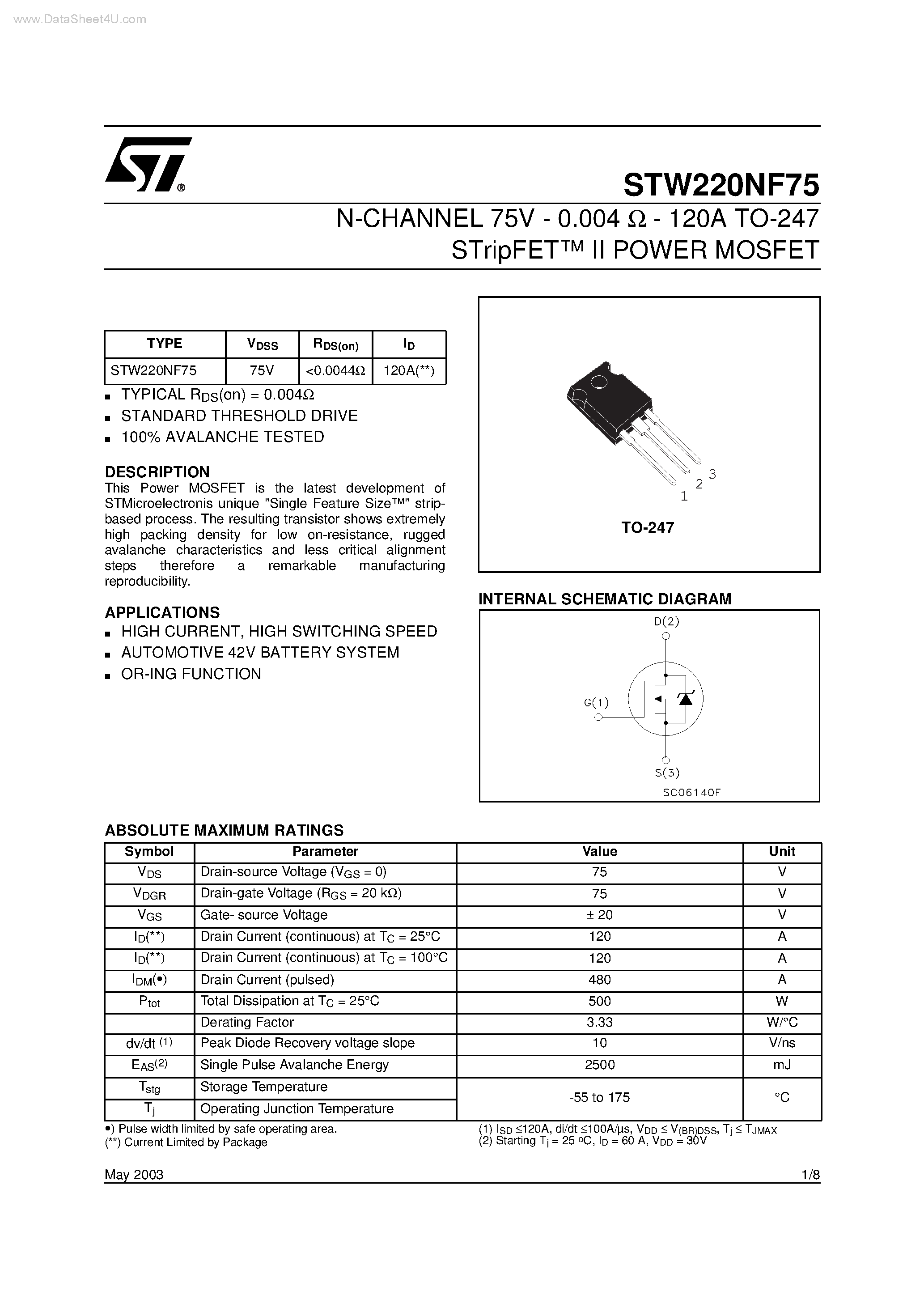 Datasheet STW220NF75 page 1 Datasheet STW220NF75 - N-CHANNEL POWER MOSFET page 1