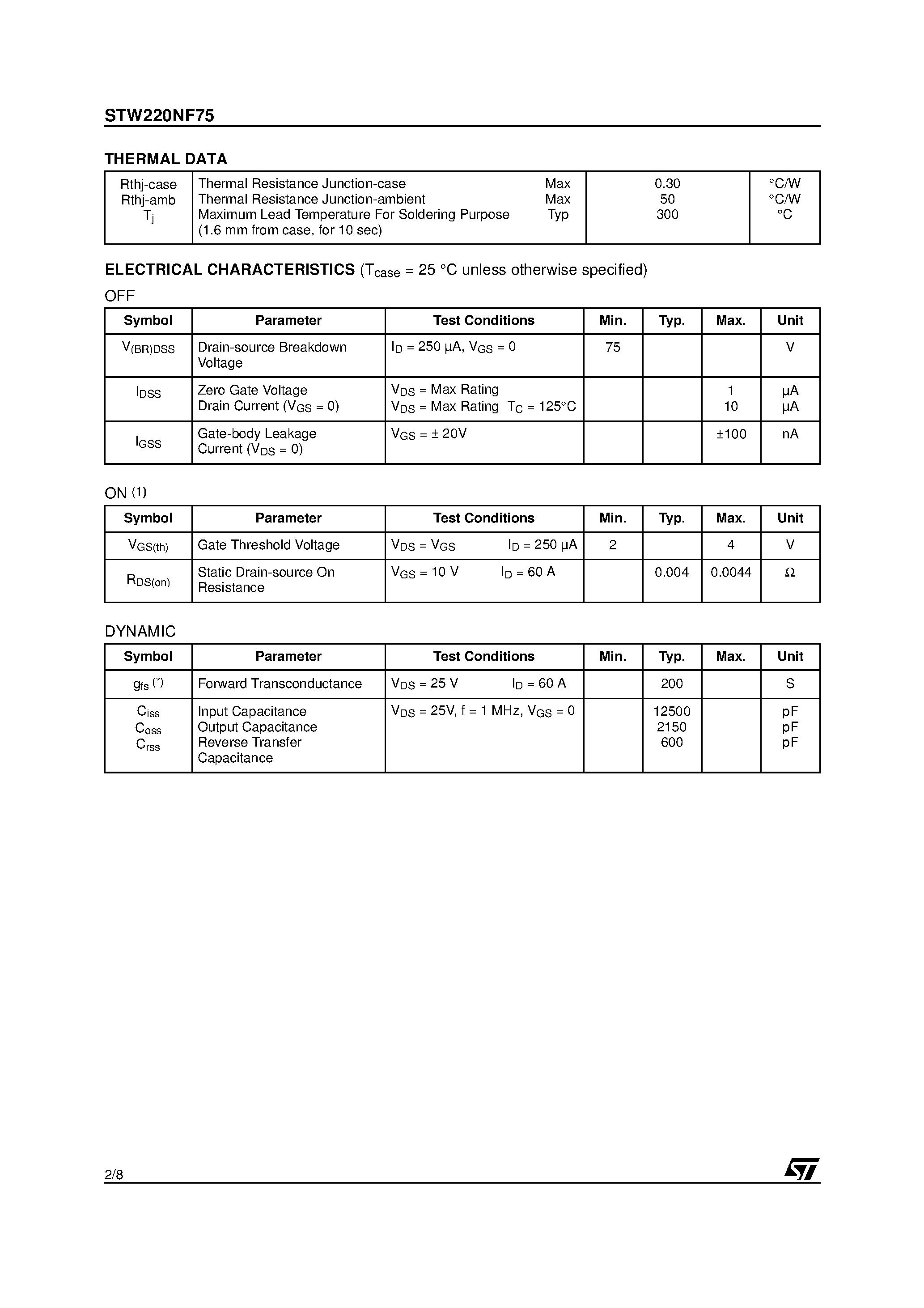 Datasheet STW220NF75 page 2 Datasheet STW220NF75 - N-CHANNEL POWER MOSFET page 2