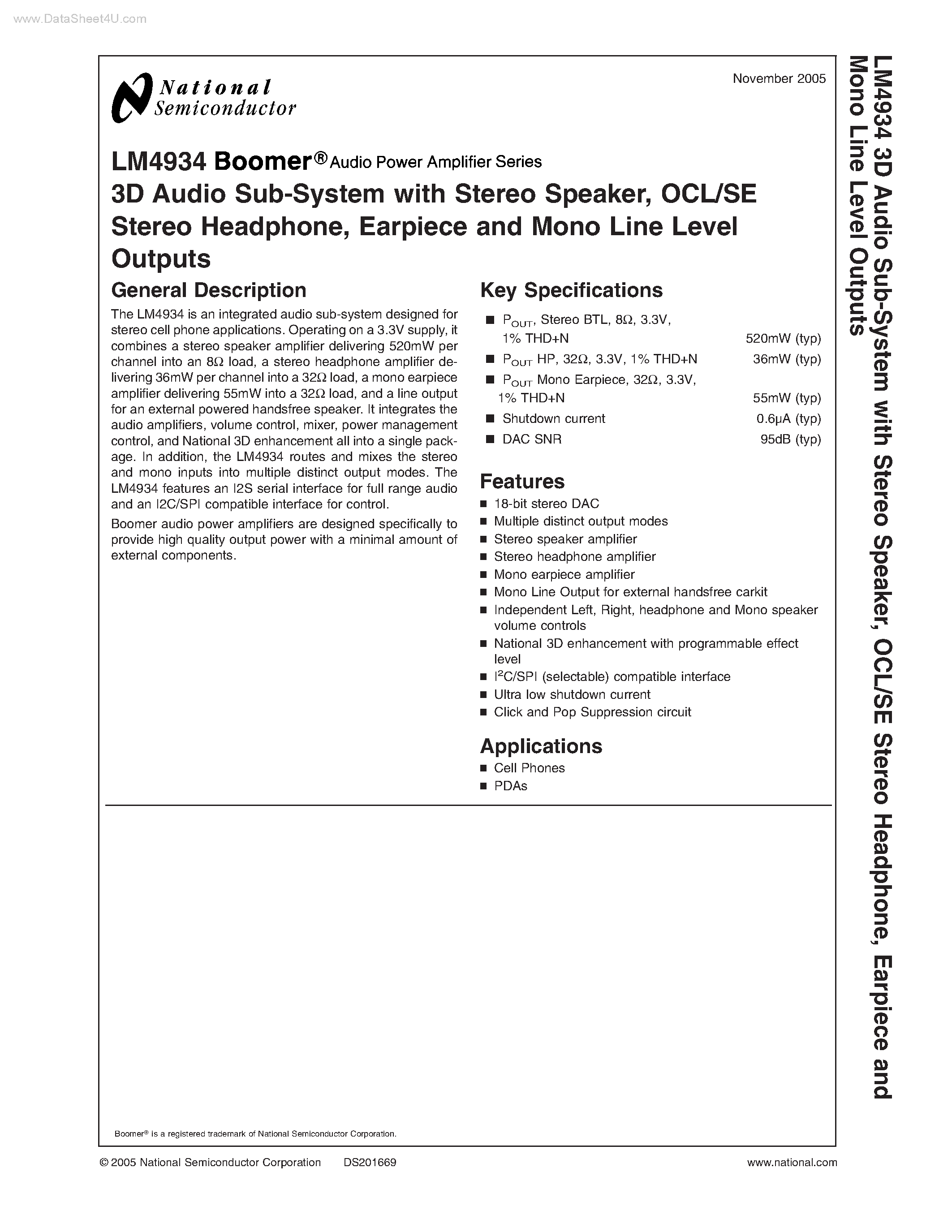 Даташит на микросхему LM4934 страница 1 Даташит LM4934 - 3D Audio Sub-System страница 1