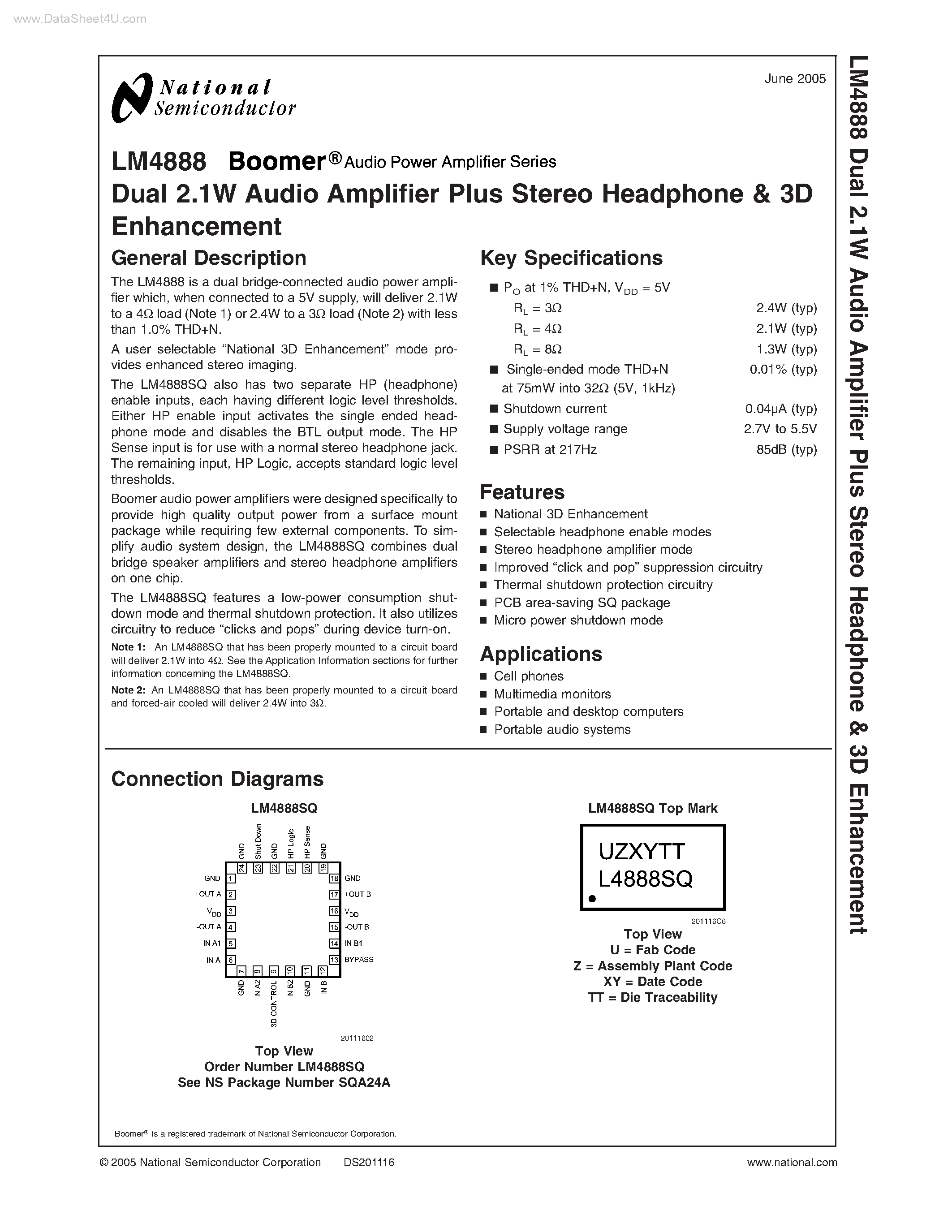 Datasheet LM4888 - Dual 2.1W Audio Amplifier Plus Stereo Headphone page 1