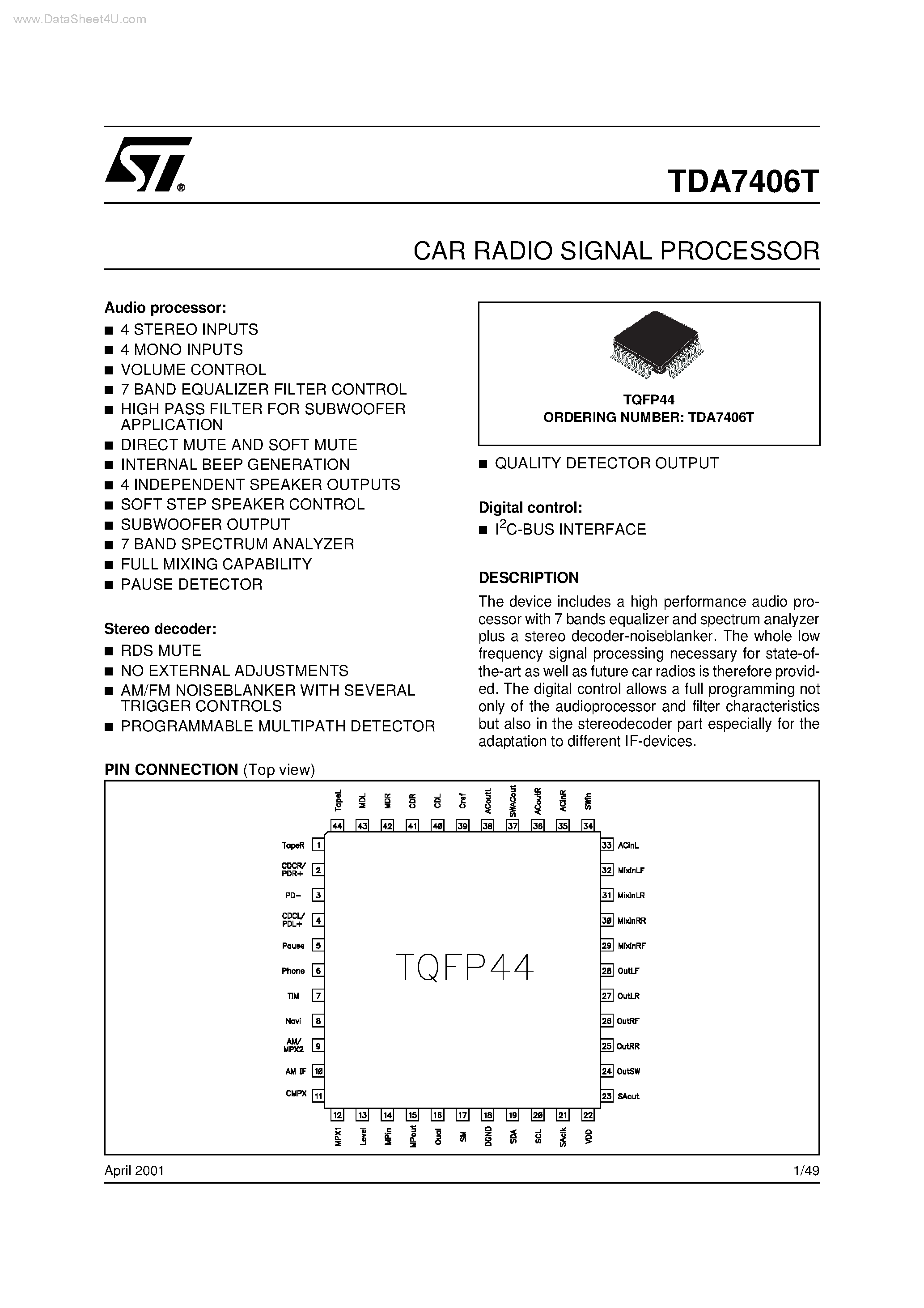 Datasheet TDA7406T - CAR RADIO SIGNAL PROCESSOR page 1