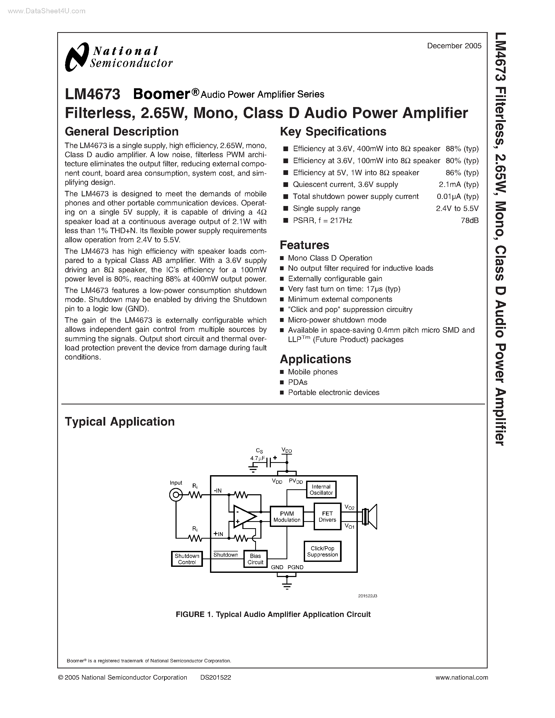 Datasheet LM4673 - Class D Audio Power Amplifier page 1