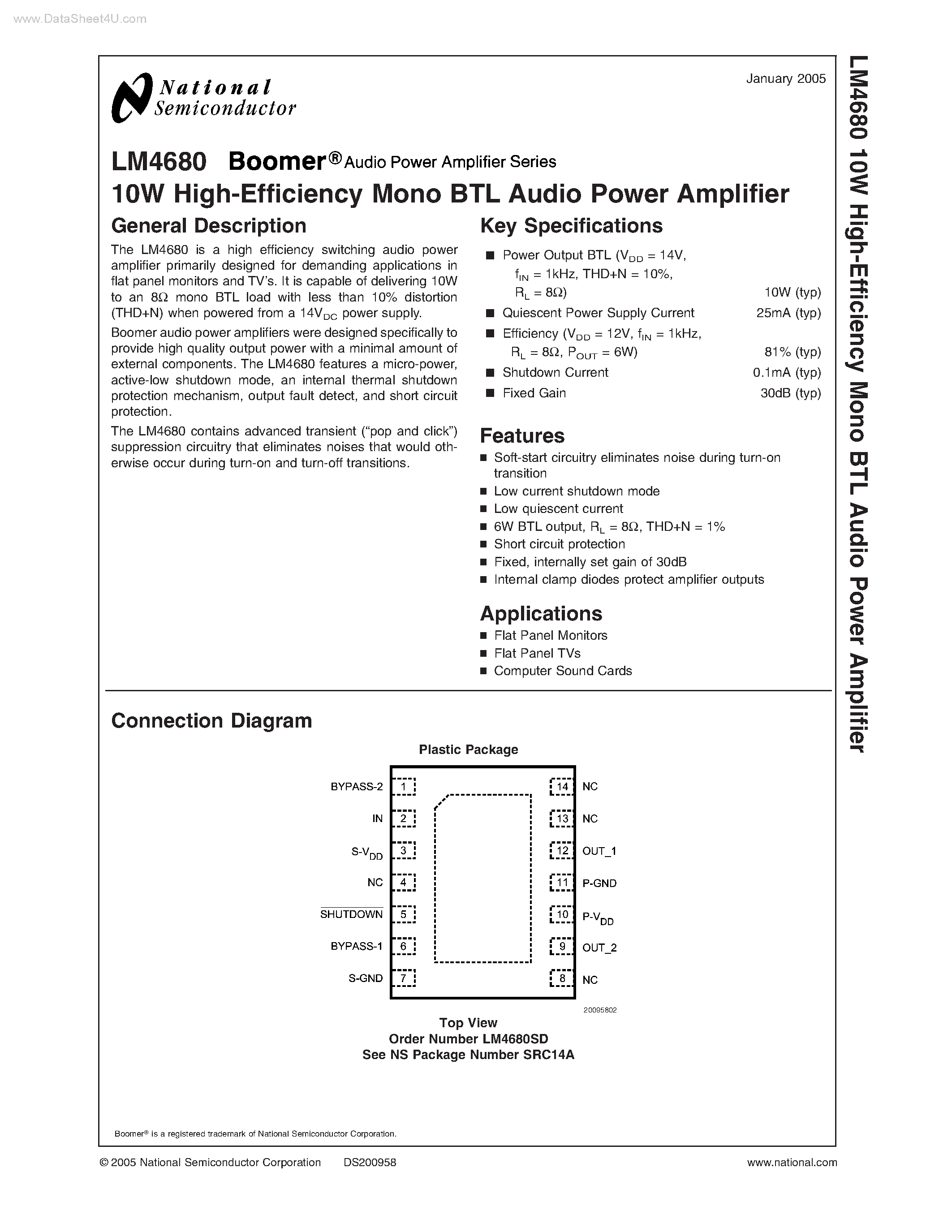 Datasheet LM4680 - High-Efficiency Mono BTL Audio Power Amplifier page 1