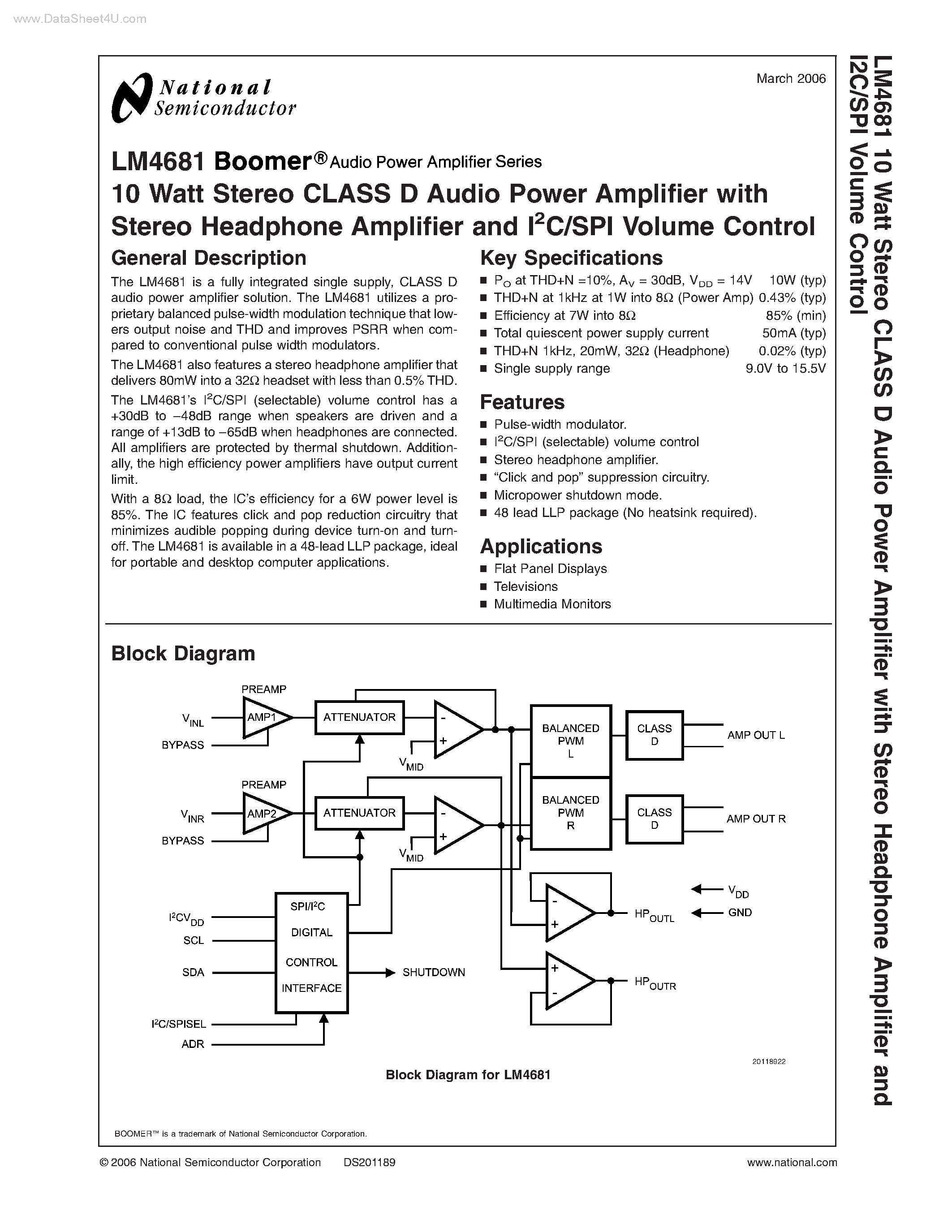 Даташит на микросхему LM4681 страница 1 Даташит LM4681 - Stereo CLASS D Audio Power Amplifier страница 1