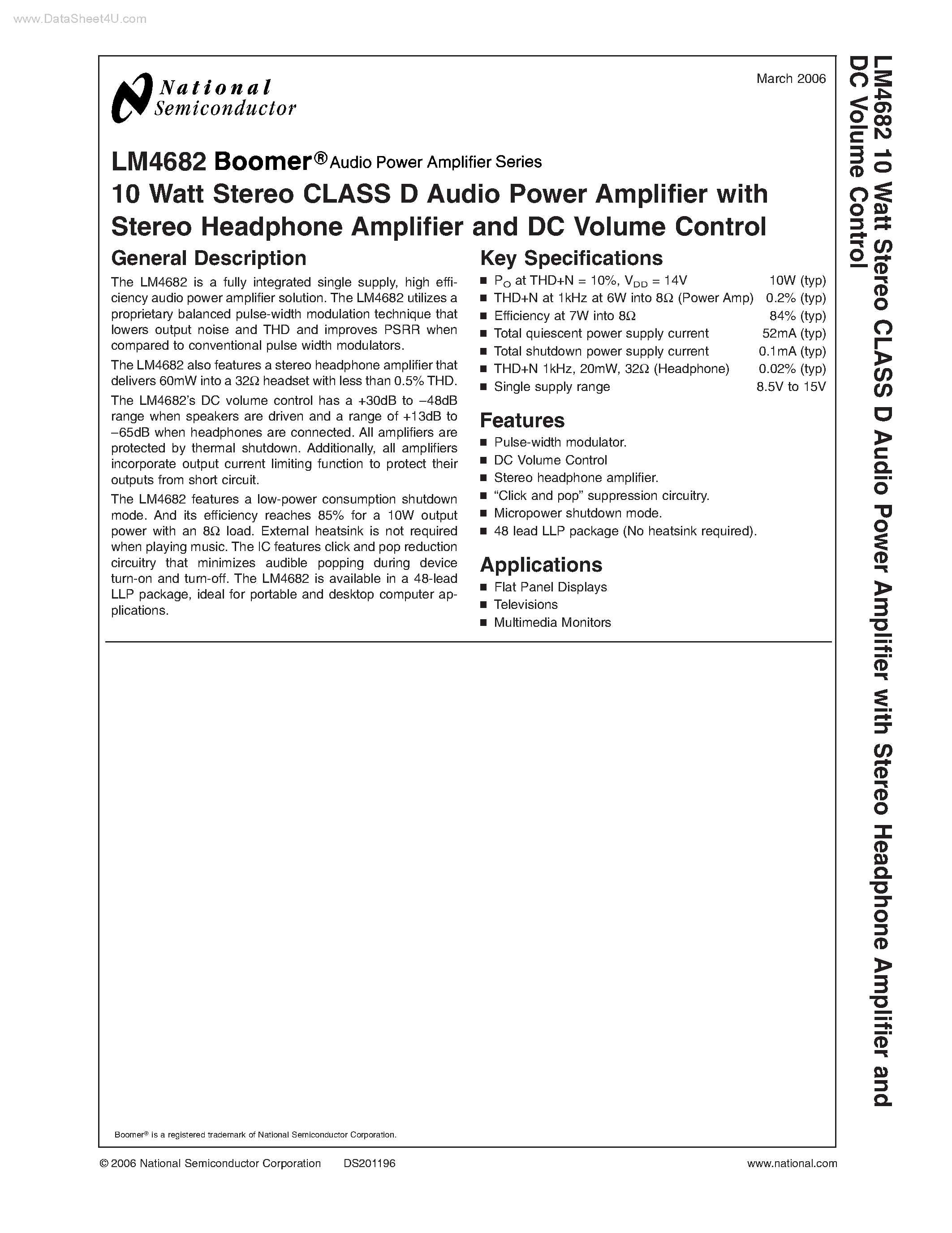 Datasheet LM4682 - Stereo CLASS D Audio Power Amplifier page 1