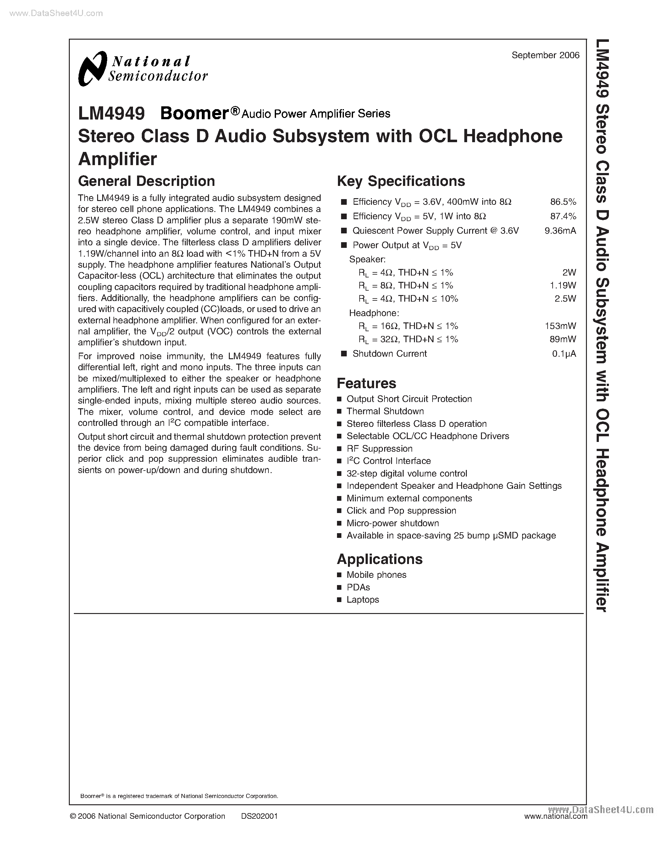 Datasheet LM4949 - Stereo Class D Audio Subsystem page 1