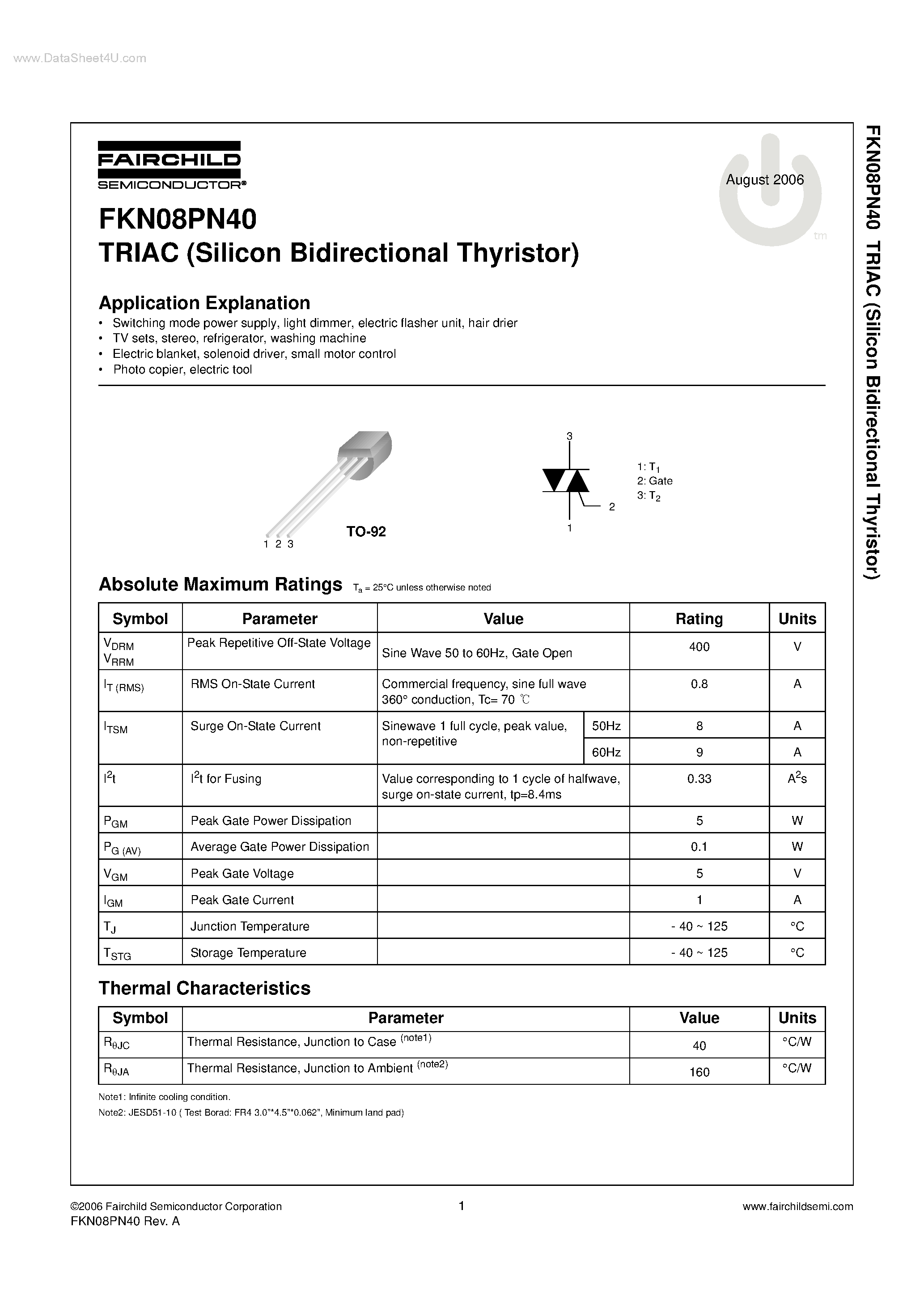 Datasheet FKN08PN40 page 1 Datasheet FKN08PN40 - TRIAC page 1