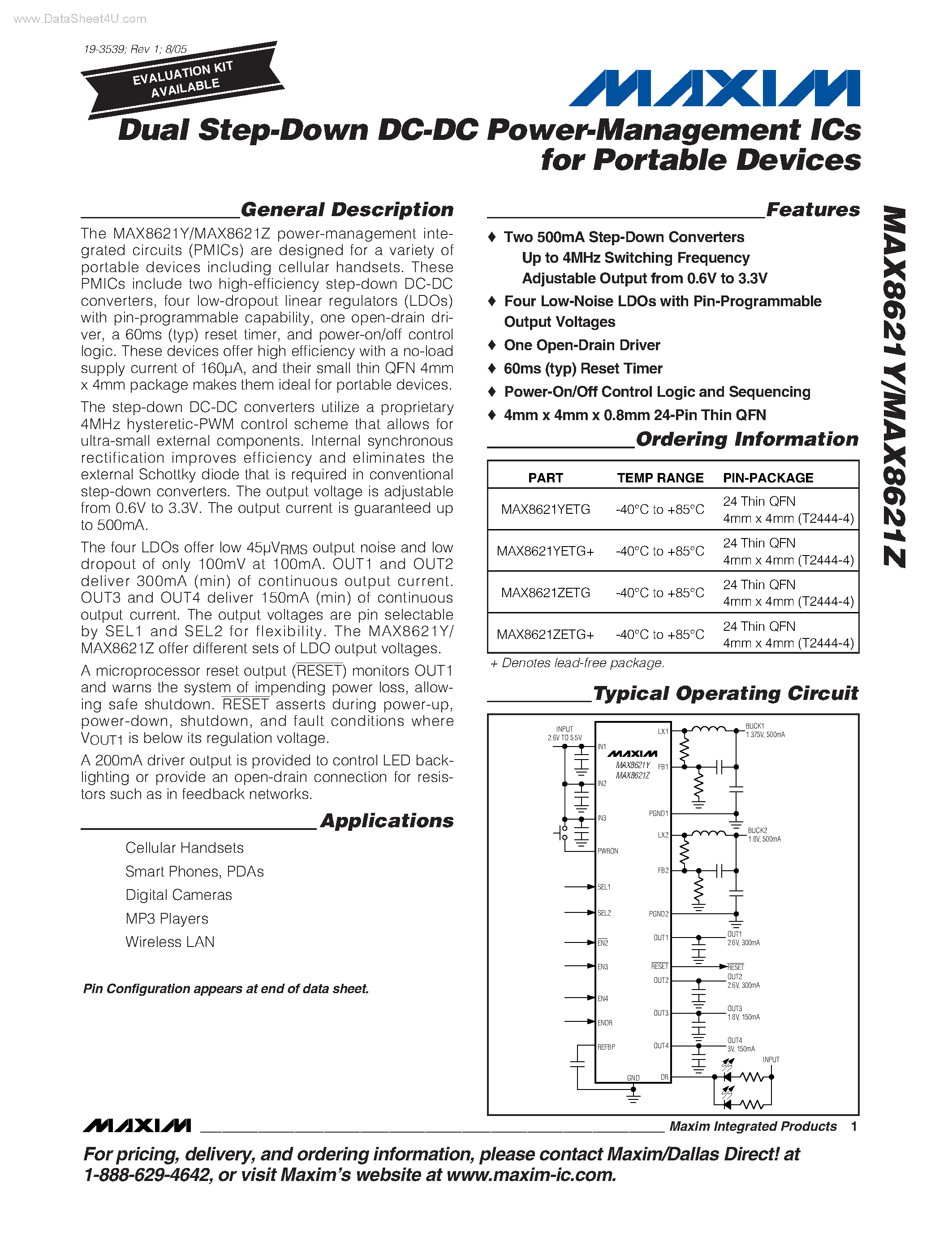 Datasheet MAX8621Y - Dual Step-Down DC-DC Power-Management ICs page 1