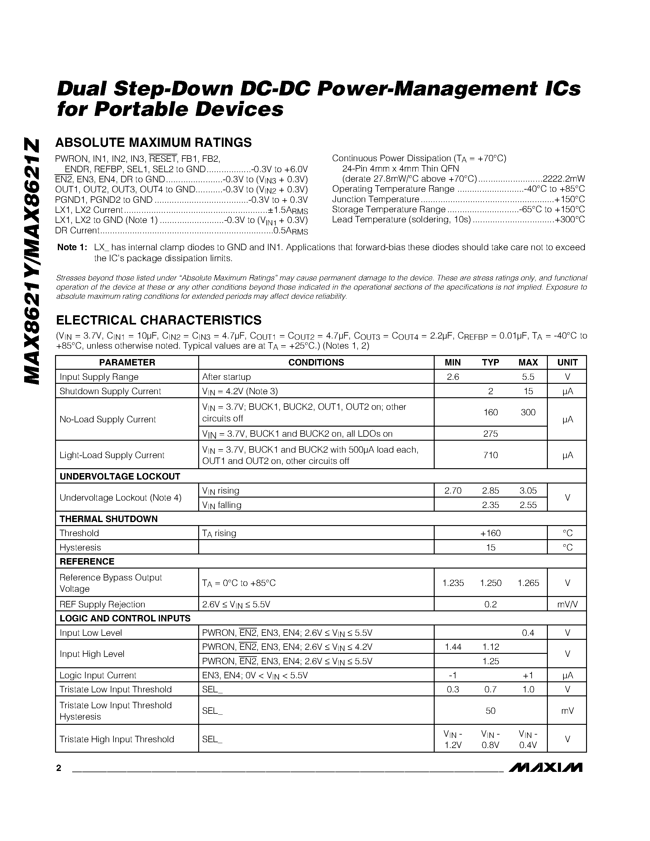 Datasheet MAX8621Y - Dual Step-Down DC-DC Power-Management ICs page 2