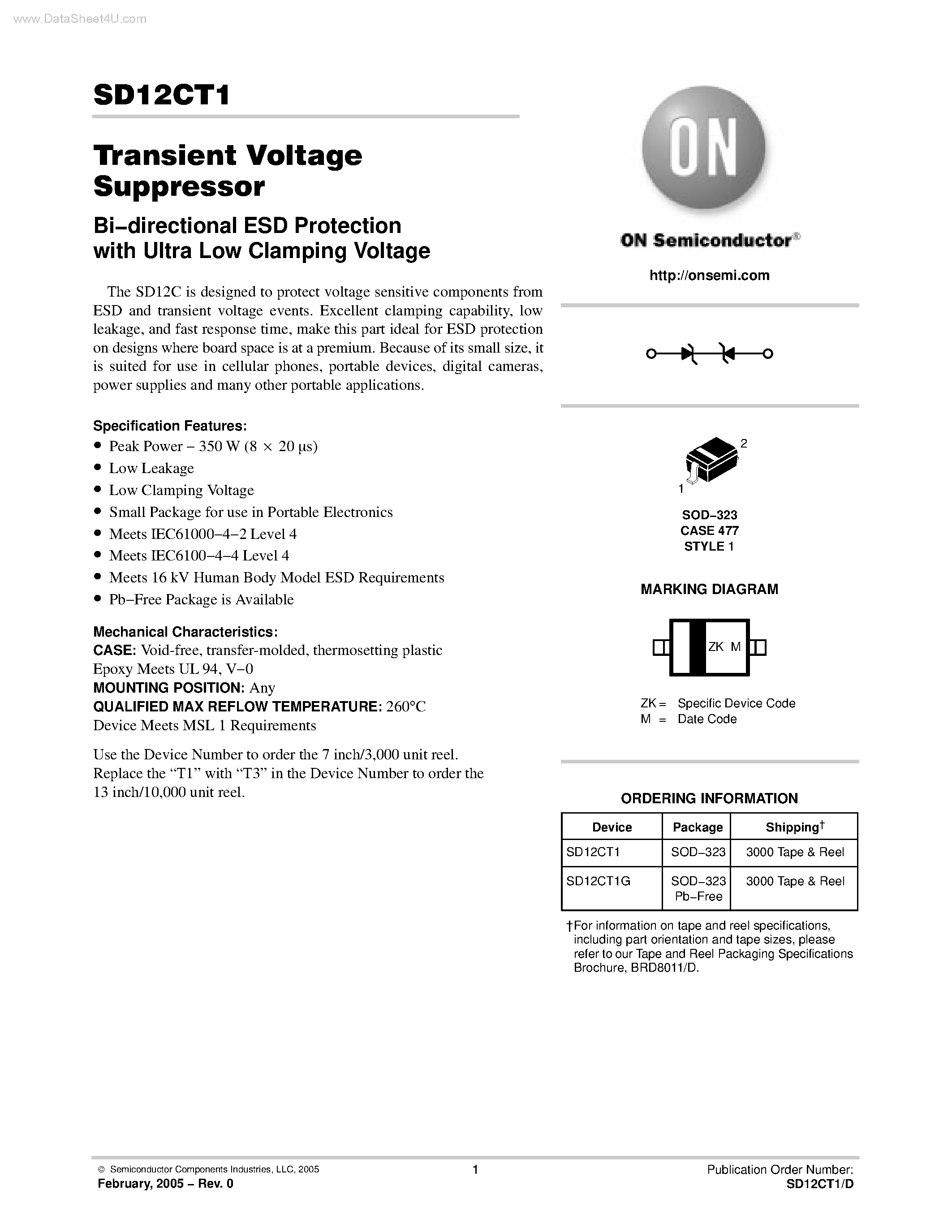 Datasheet SD12CT1 page 1 Datasheet SD12CT1 - Transient Voltage Suppressor Protection page 1