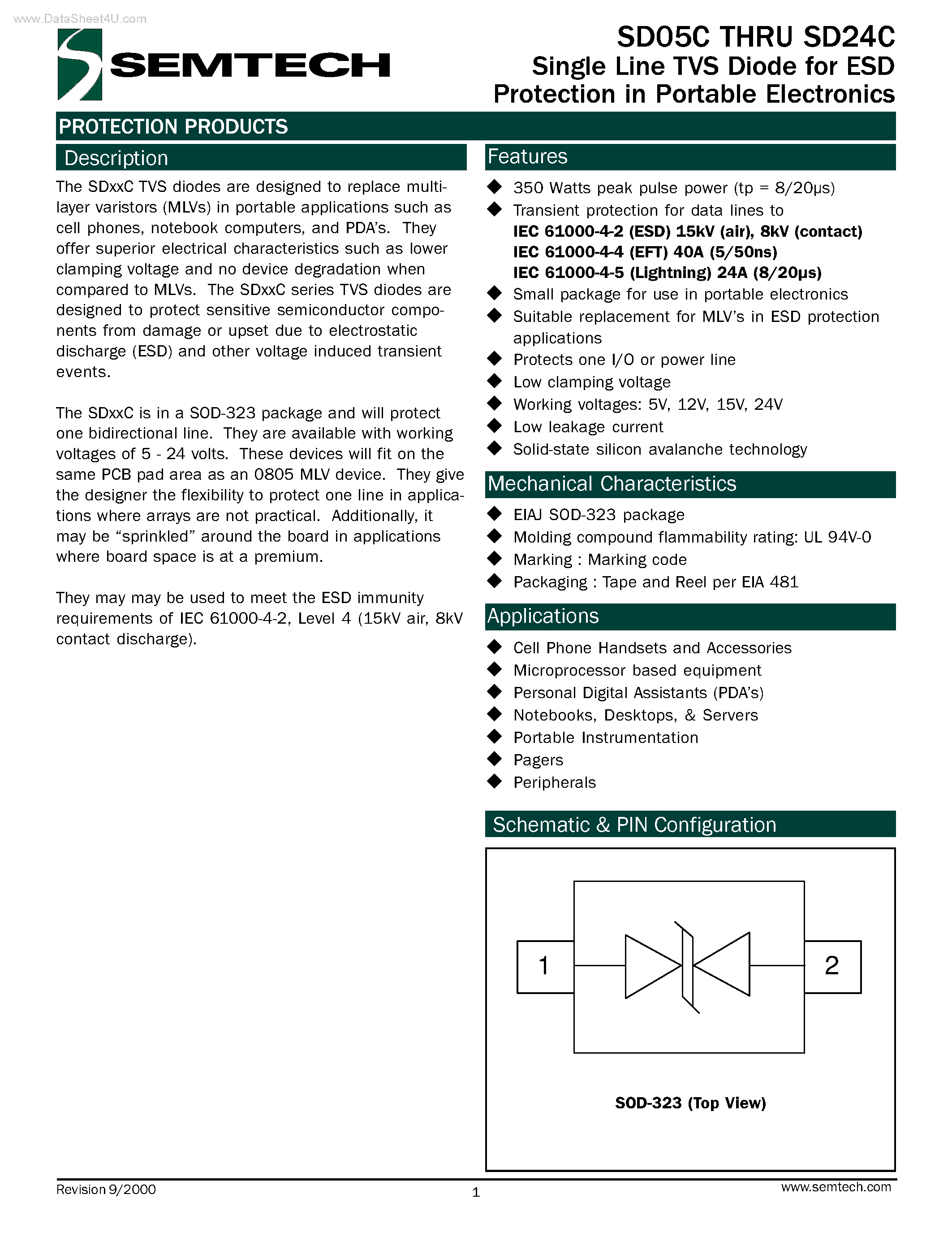Datasheet SD12C - (SD05C - SD24C) Single Line TVS Diode page 1