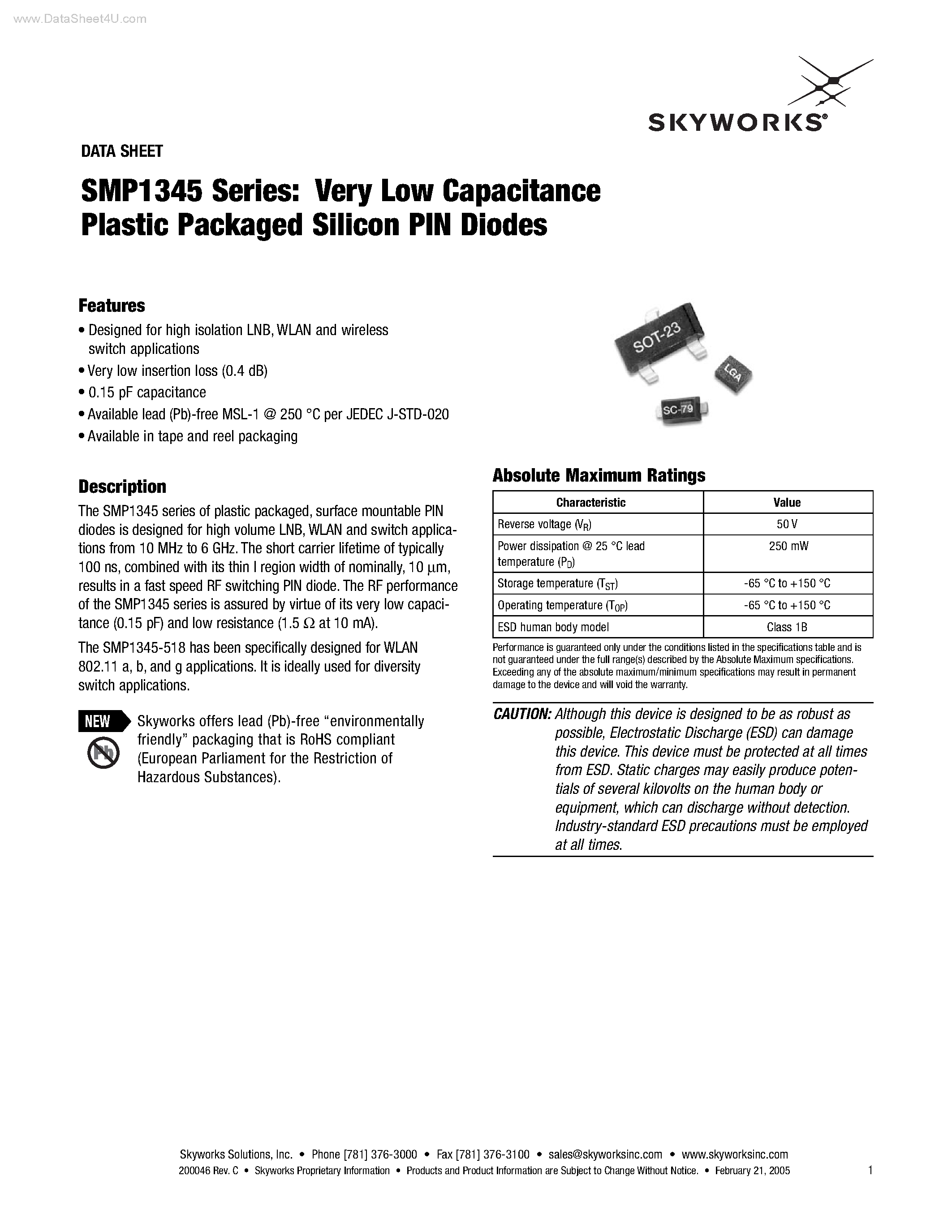 Datasheet SMP1345 - Very Low Capacitance Plastic Packaged Silicon PIN Diodes page 1