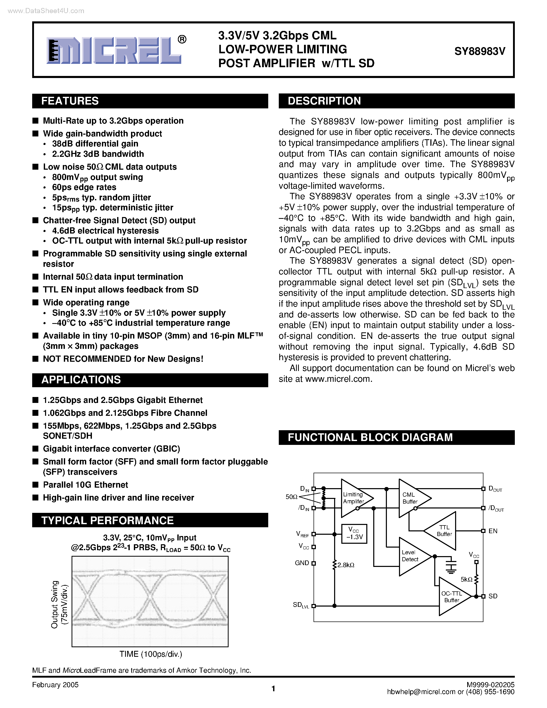 Datasheet SY88983V page 1 Datasheet SY88983V - CML LOW-POWER LIMITING POST AMPLIFIER w/TTL SD page 1