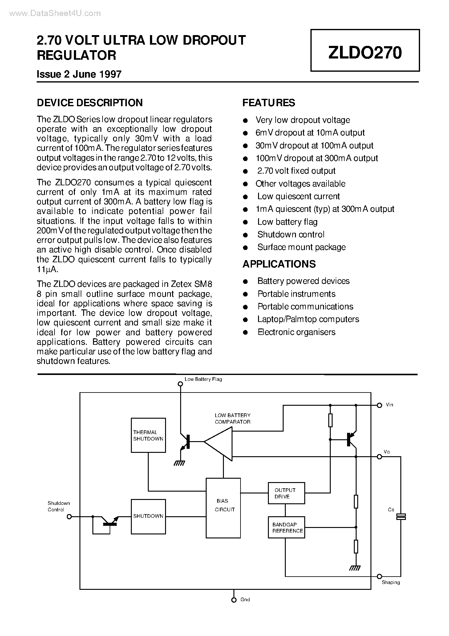 Datasheet ZLDO270 page 1 Datasheet ZLDO270 - 2.70 VOLT ULTRA LOW DROPOUT REGULATOR page 1