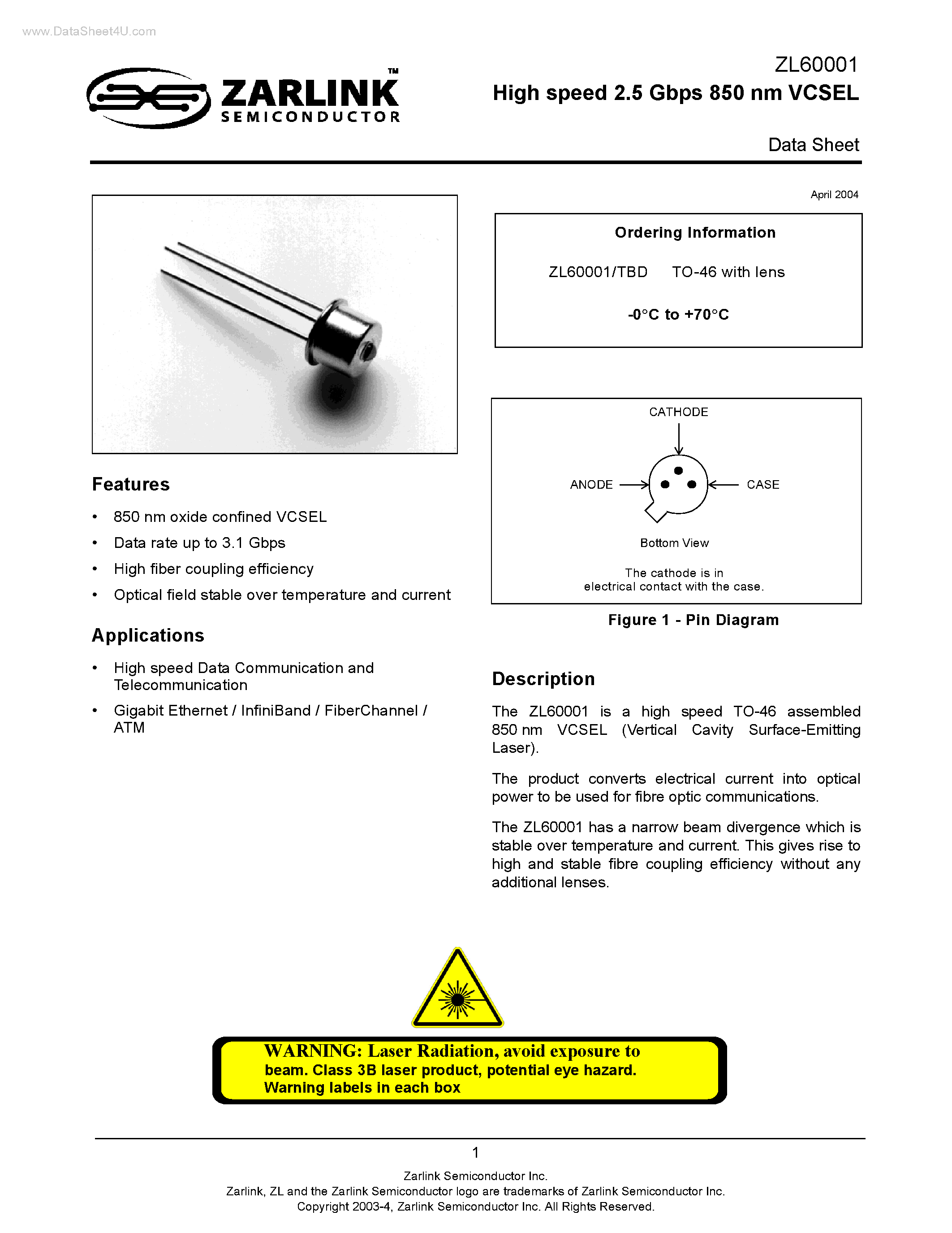 Datasheet ZL60001 page 1 Datasheet ZL60001 - High speed 2.5 Gbps 850 nm VCSEL page 1