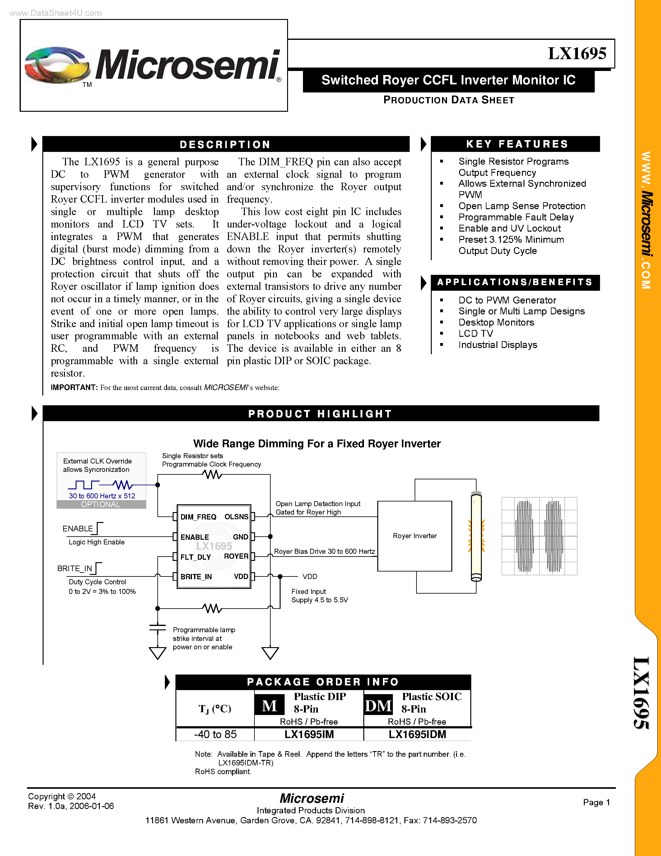 Datasheet LX1695 page 1 Datasheet LX1695 - Switched Royer CCFL Inverter Monitor IC page 1