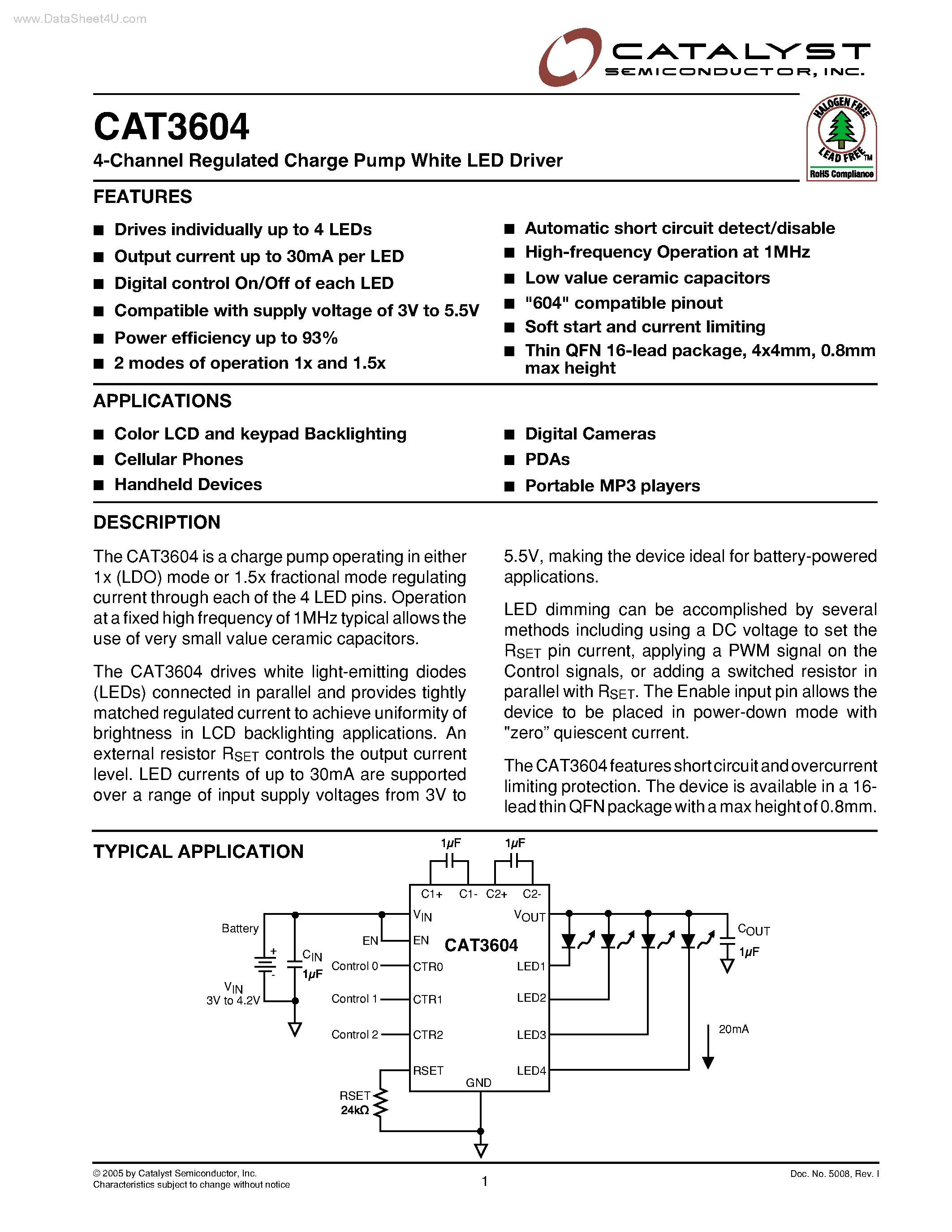Datasheet CAT3604 - 4-Channel Regulated Charge Pump White LED Driver page 1