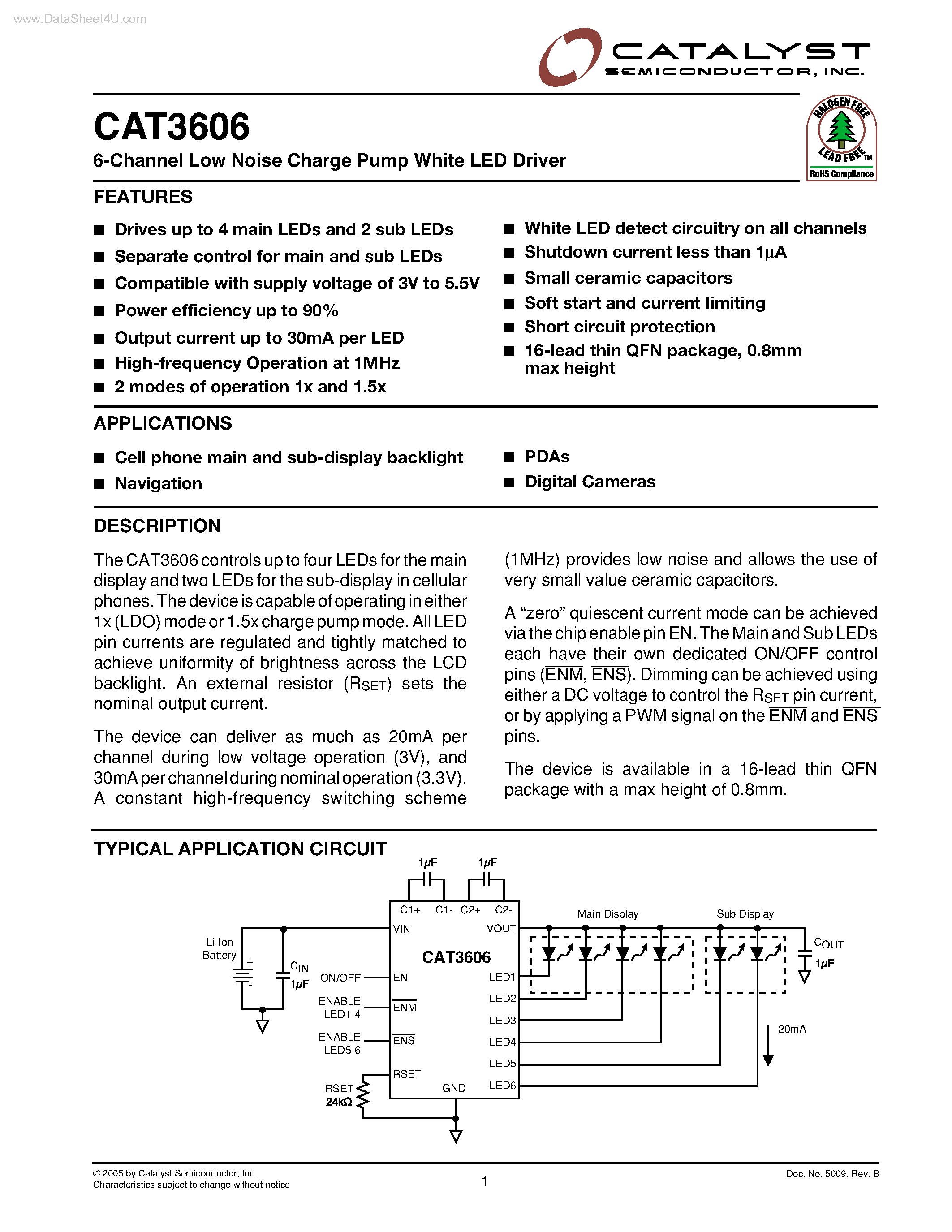 Datasheet CAT3606 - 6-Channel Low Noise Charge Pump White LED Driver page 1