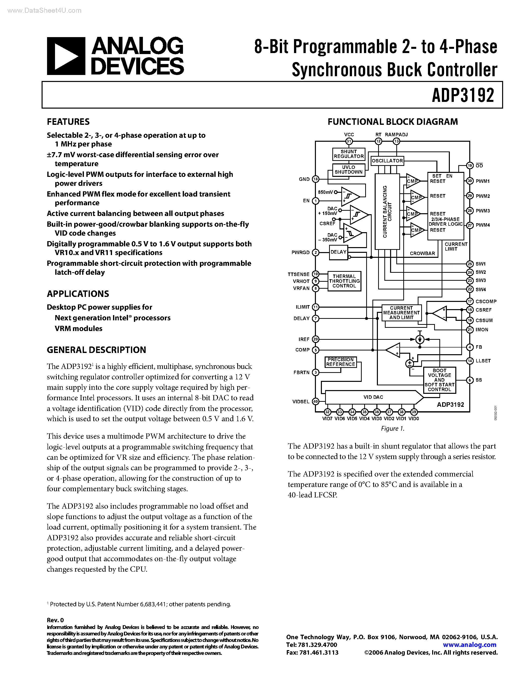 Datasheet ADP3192 - 8-Bit Programmable 2- to 4-Phase Synchronous Buck Controller page 1