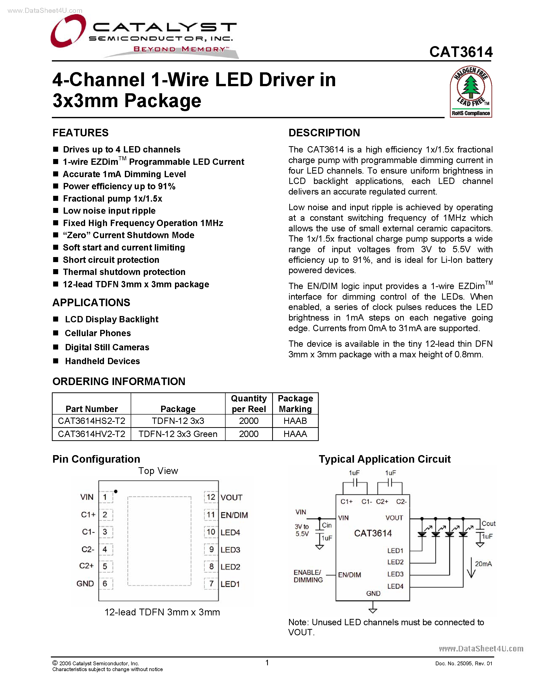 Datasheet CAT3614 - 4-Channel 1-Wire LED page 1