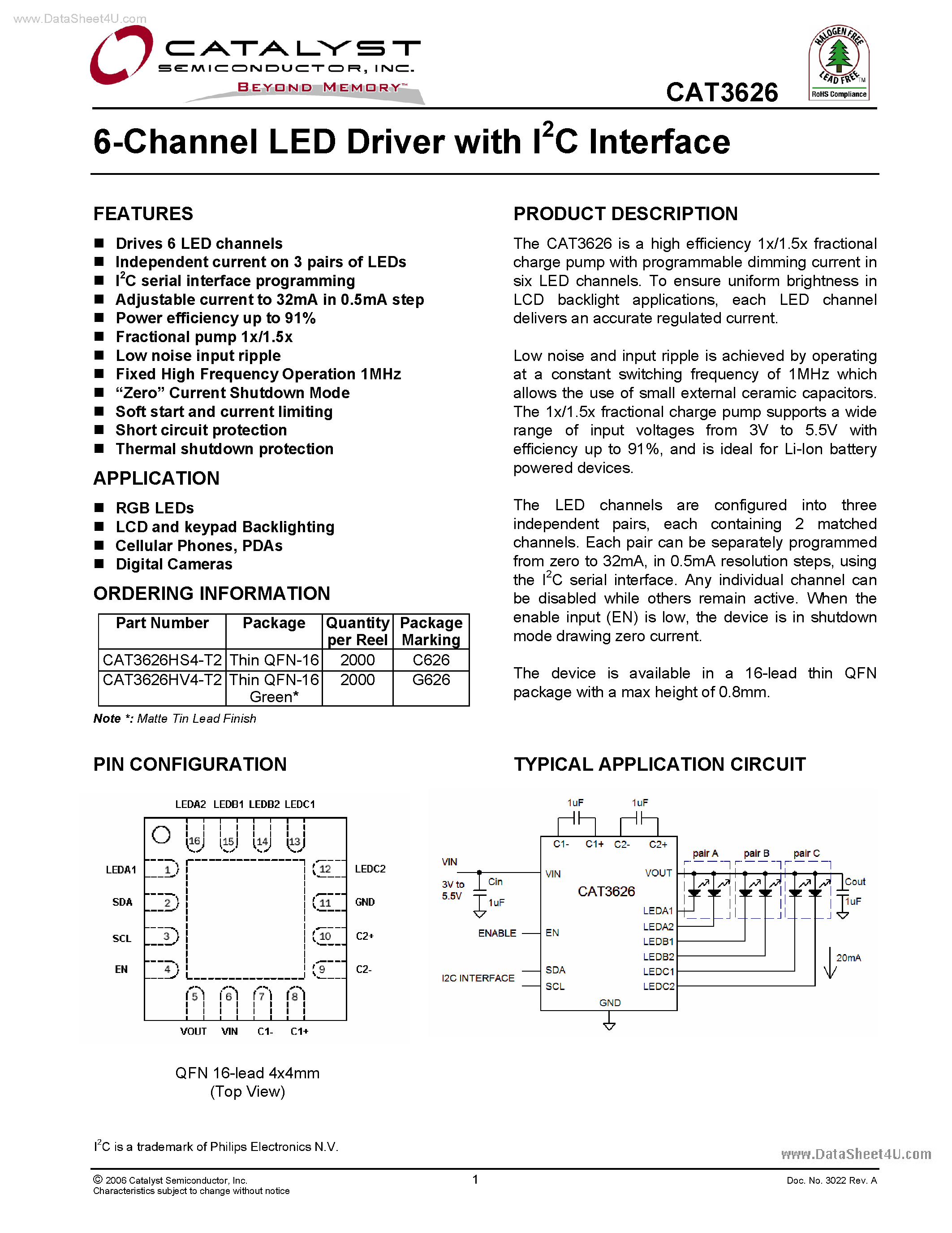 Datasheet CAT3626 - 6-Channel LED Driver page 1