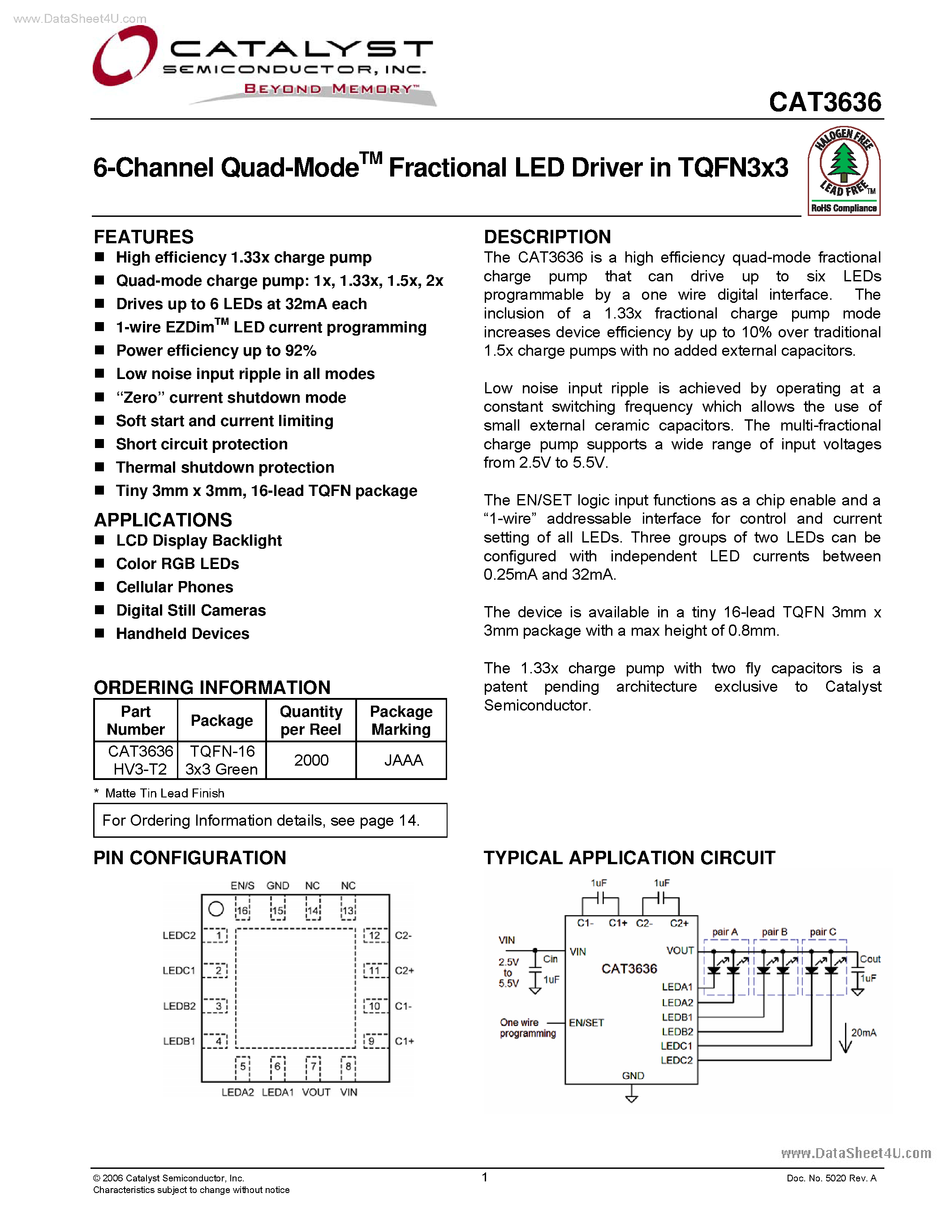 Datasheet CAT3636 - 6-Channel LED Driver page 1