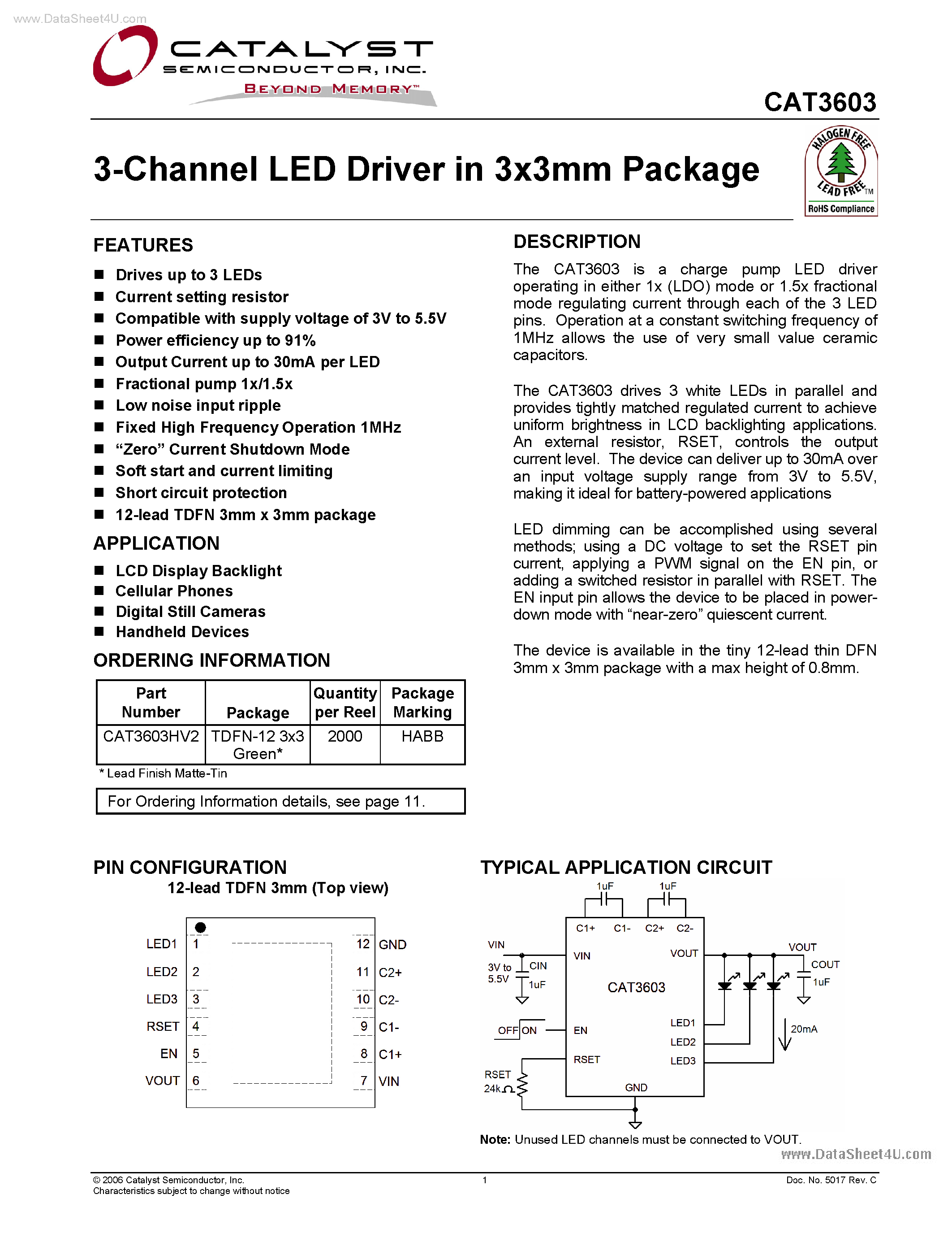 Datasheet CAT3603 page 1 Datasheet CAT3603 - 3-Channel LED Driver page 1