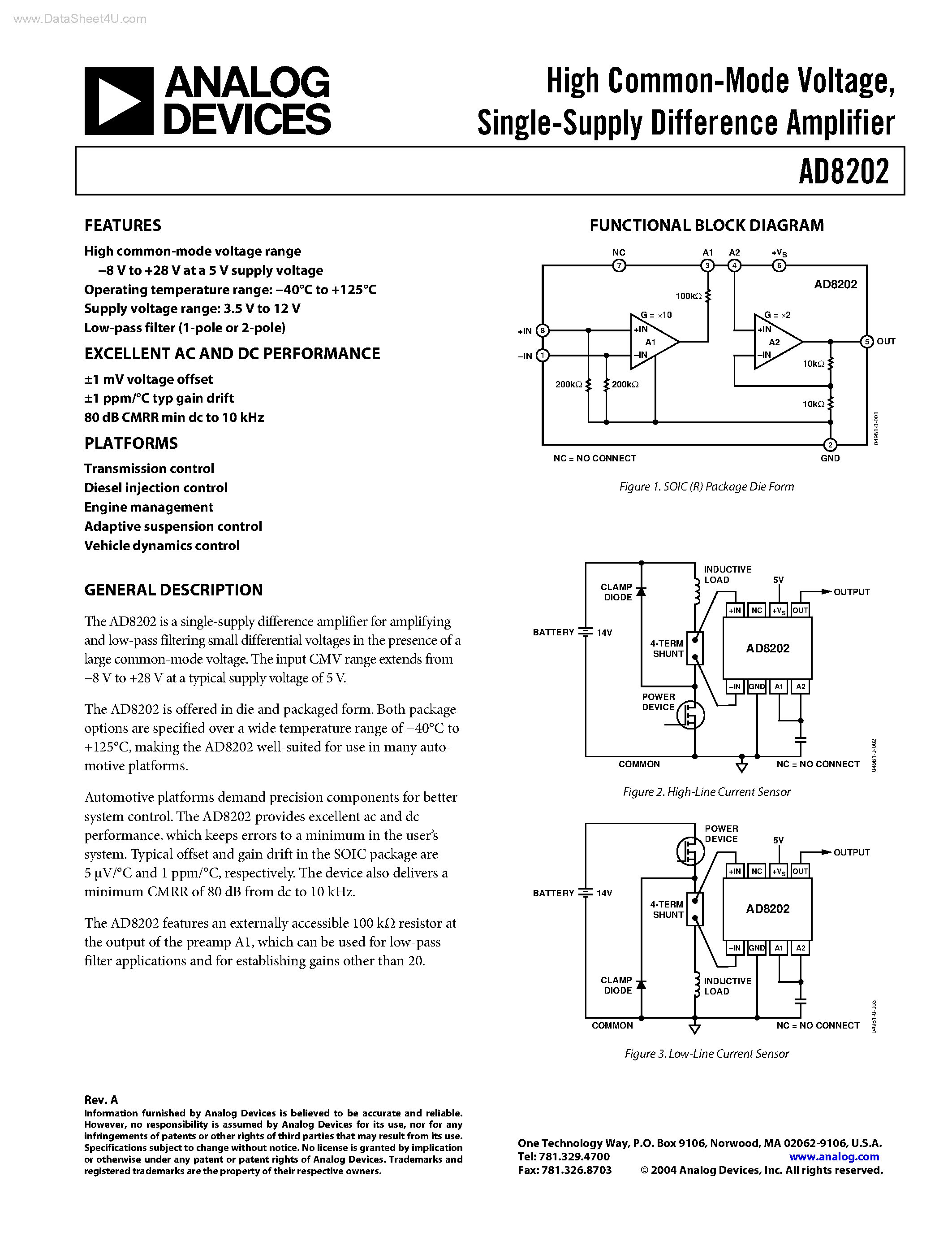 Datasheet AD8202 page 1 Datasheet AD8202 - Single-Supply Difference Amplifier page 1