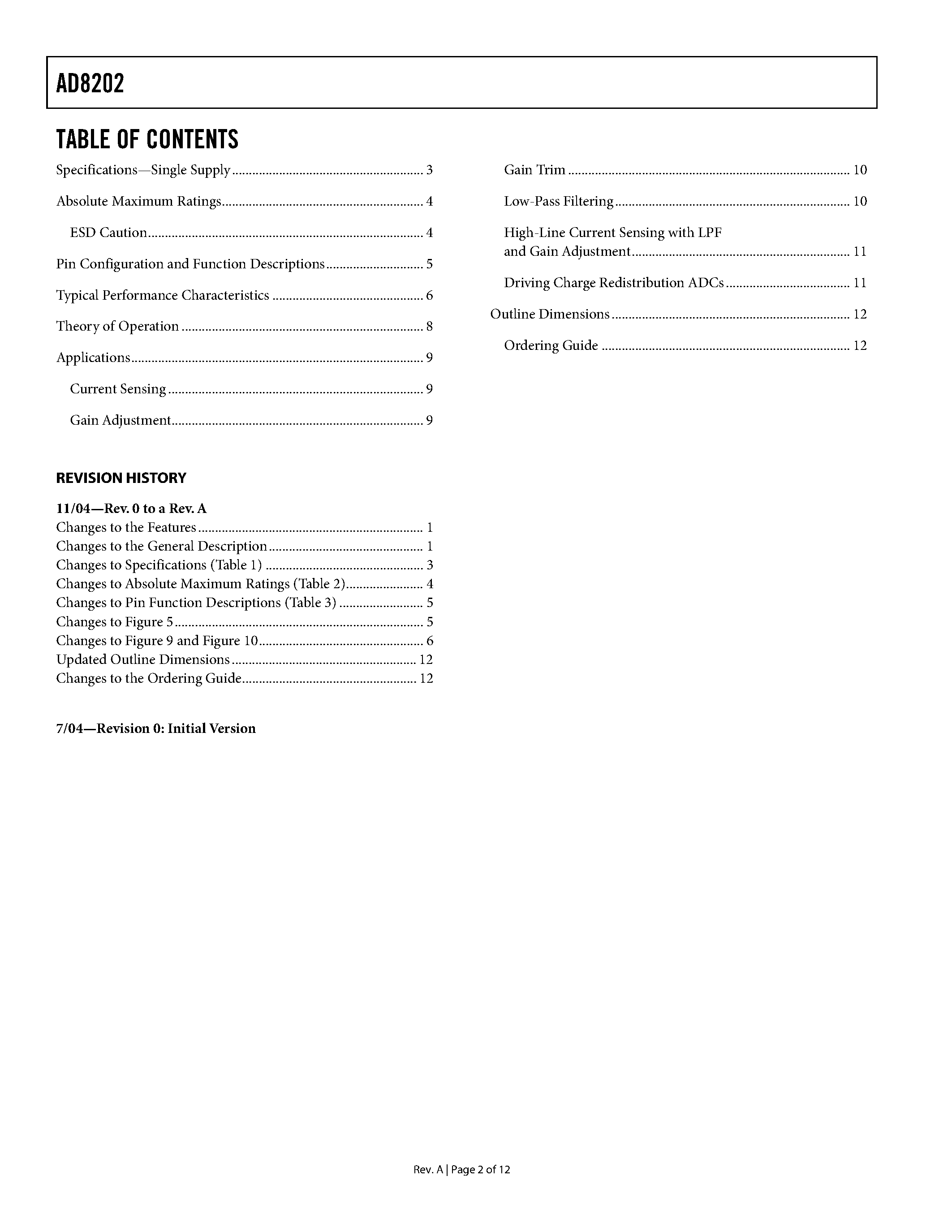 Datasheet AD8202 page 2 Datasheet AD8202 - Single-Supply Difference Amplifier page 2