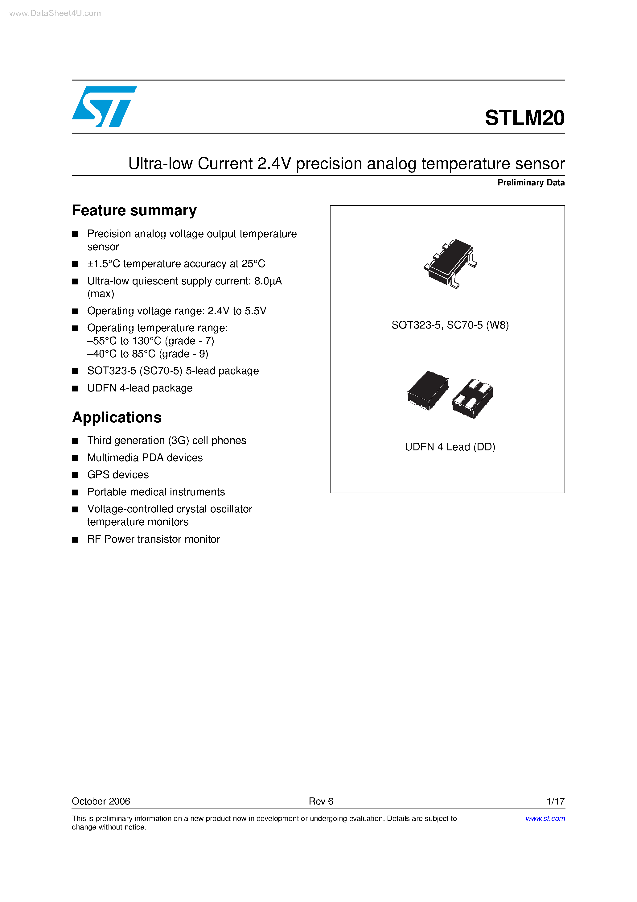 Datasheet STLM20 - Ultra-low Current 2.4V precision analog temperature sensor page 1