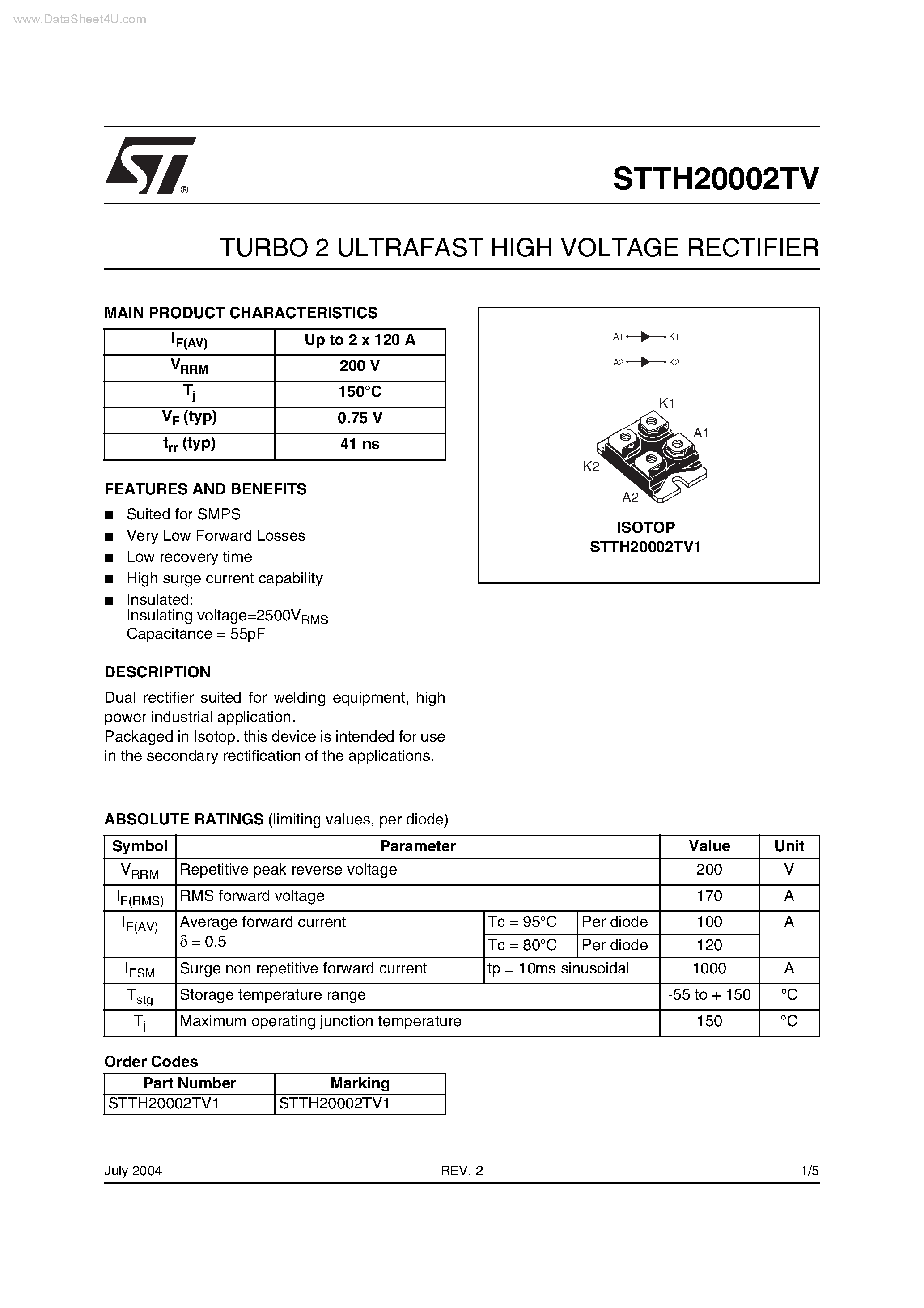 Datasheet STTH20002TV - TURBO 2 ULTRAFAST HIGH VOLTAGE RECTIFIER page 1