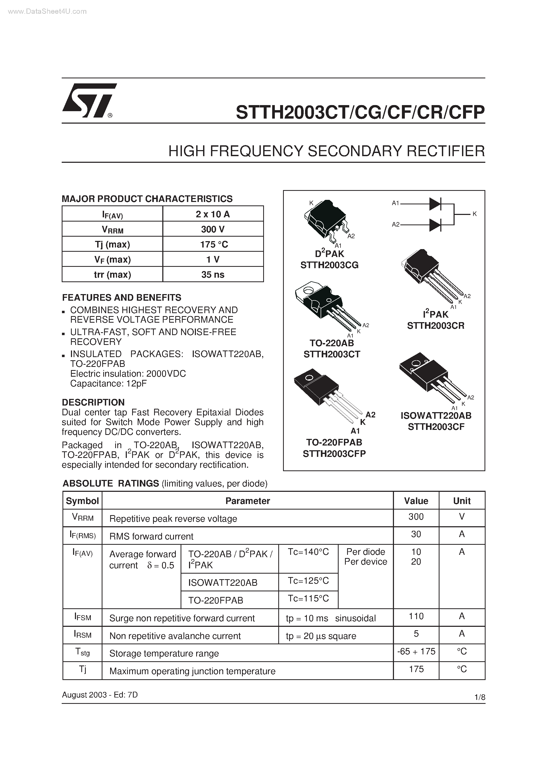 Datasheet STTH2003CF page 1 Datasheet STTH2003CF - HIGH FREQUENCY SECONDARY RECTIFIER page 1
