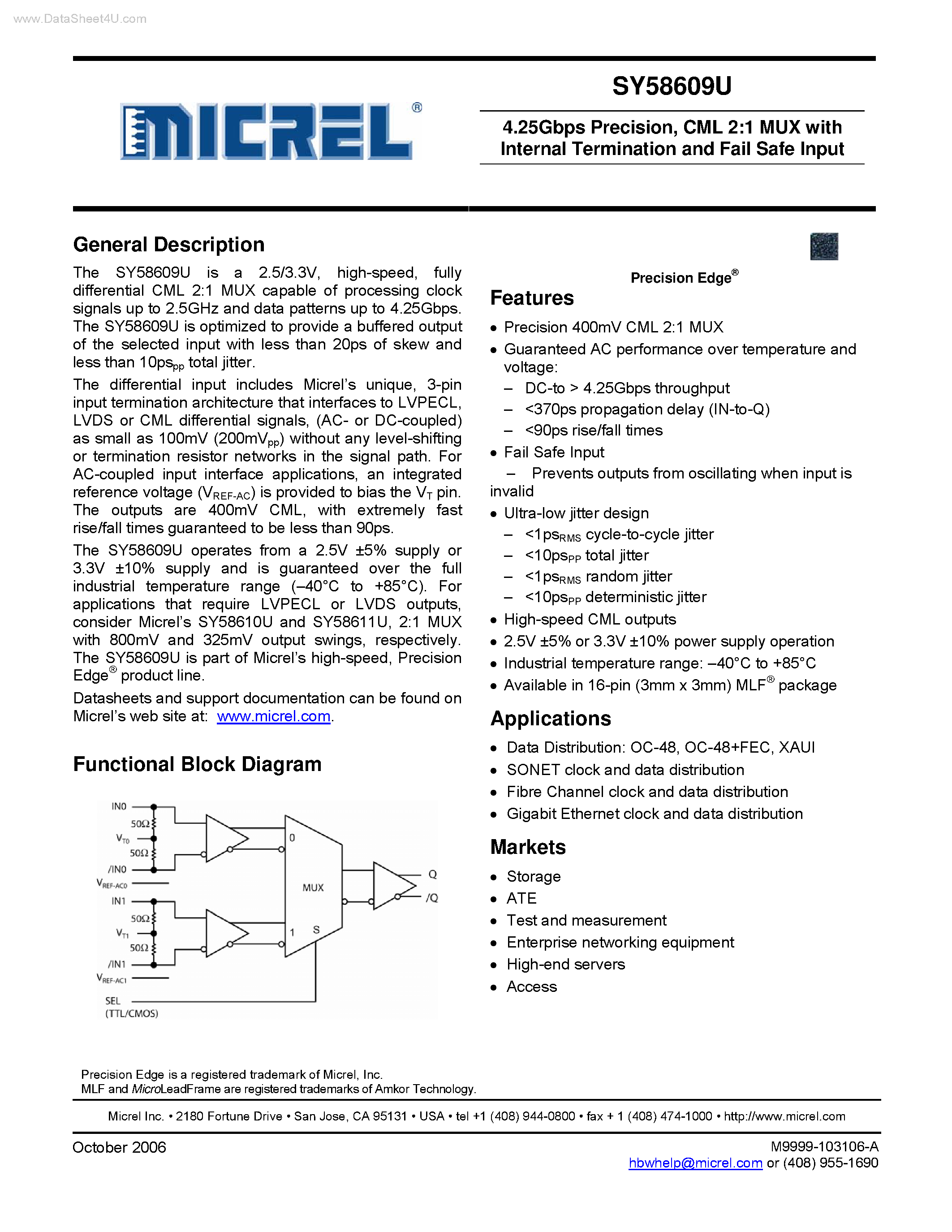 Datasheet SY58609U - CML 2:1 MUX page 1