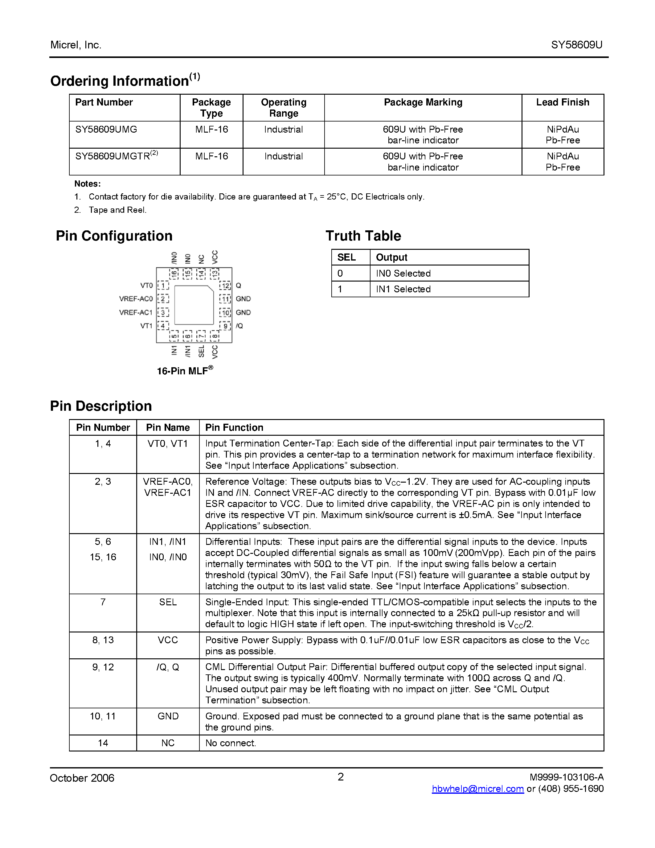 Datasheet SY58609U - CML 2:1 MUX page 2