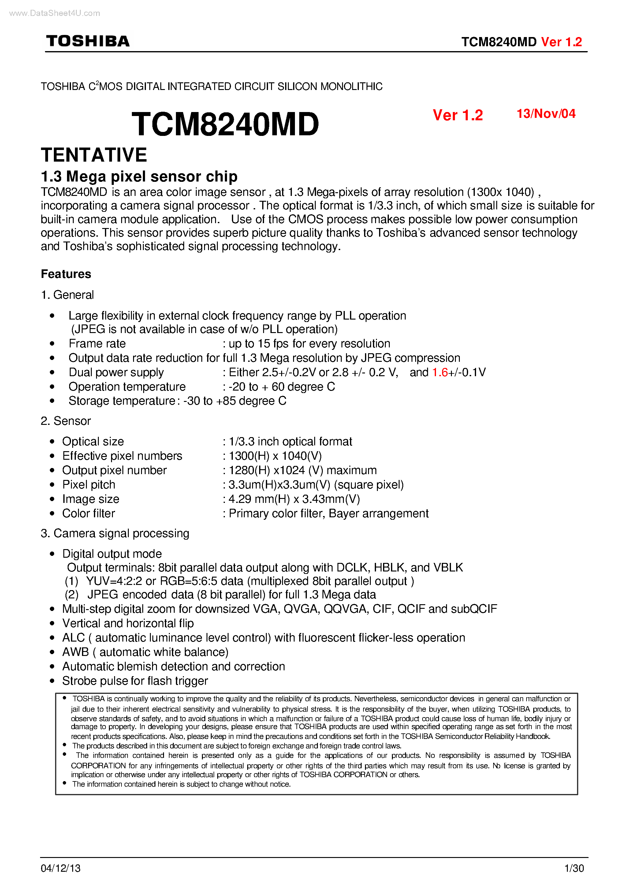 Datasheet TCM8240MD - 1.3 Mega pixel sensor chip page 1