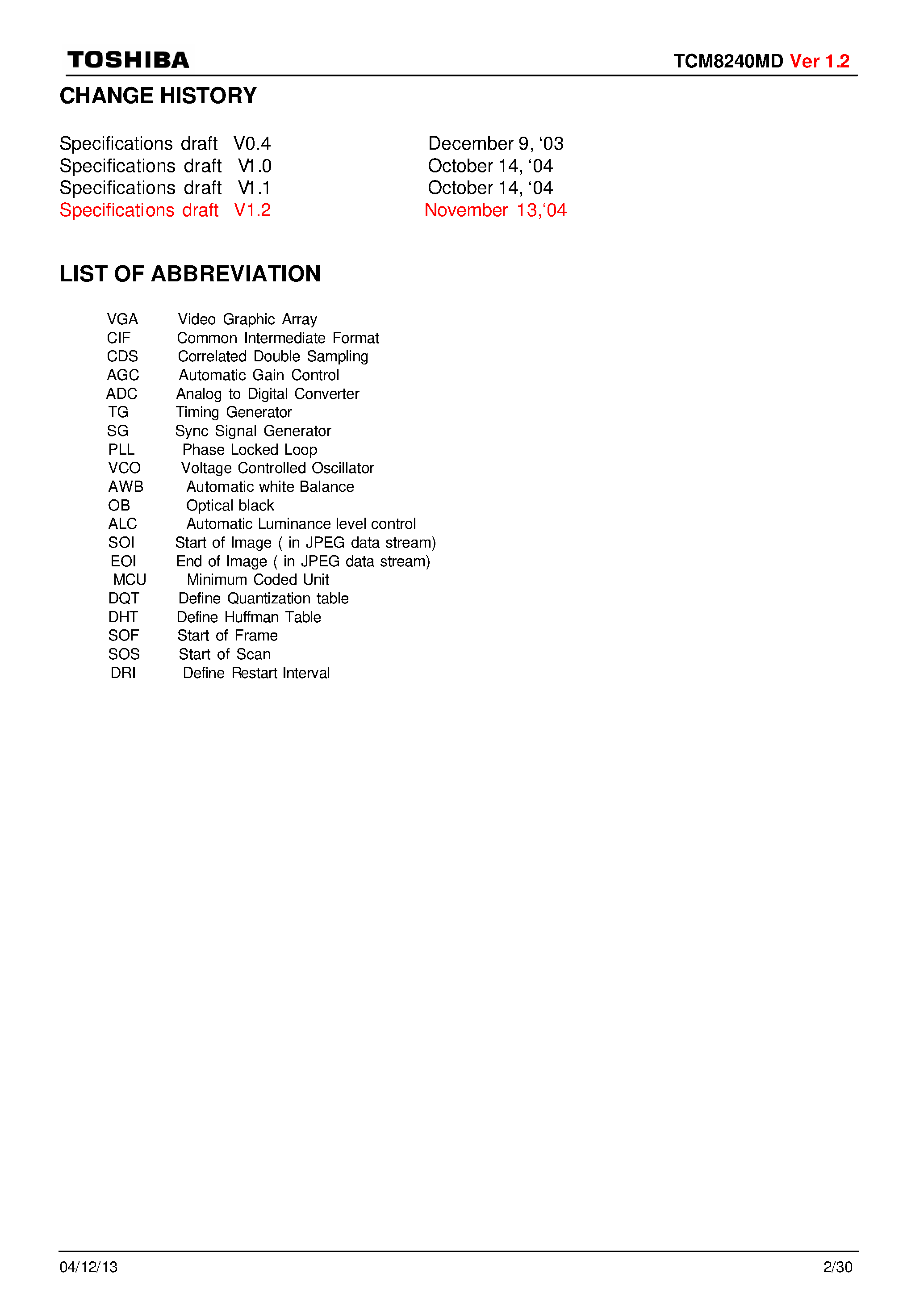 Datasheet TCM8240MD - 1.3 Mega pixel sensor chip page 2