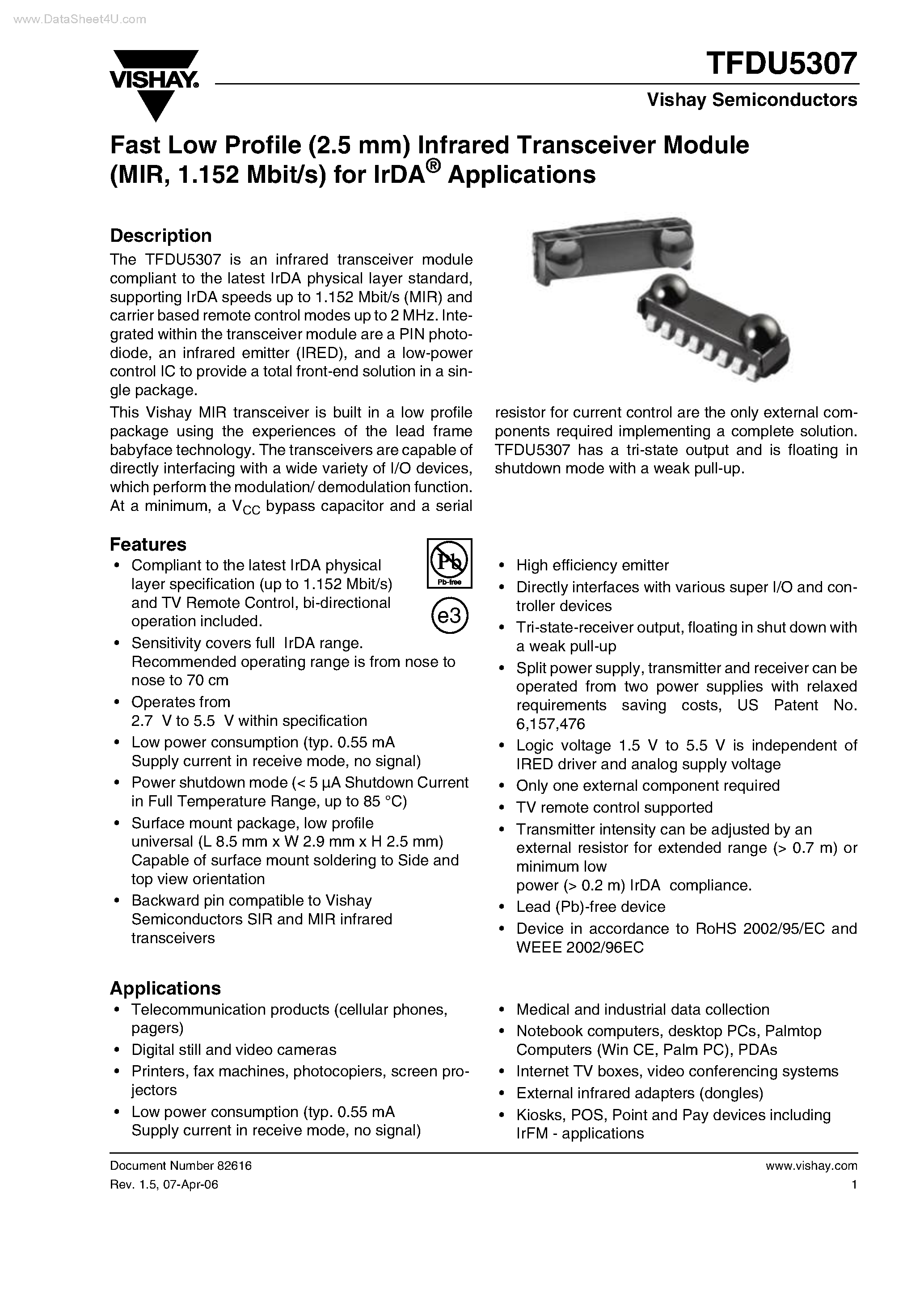 Datasheet TFDU5307 page 1 Datasheet TFDU5307 - Fast Low Profile (2.5 mm) Infrared Transceiver Module page 1
