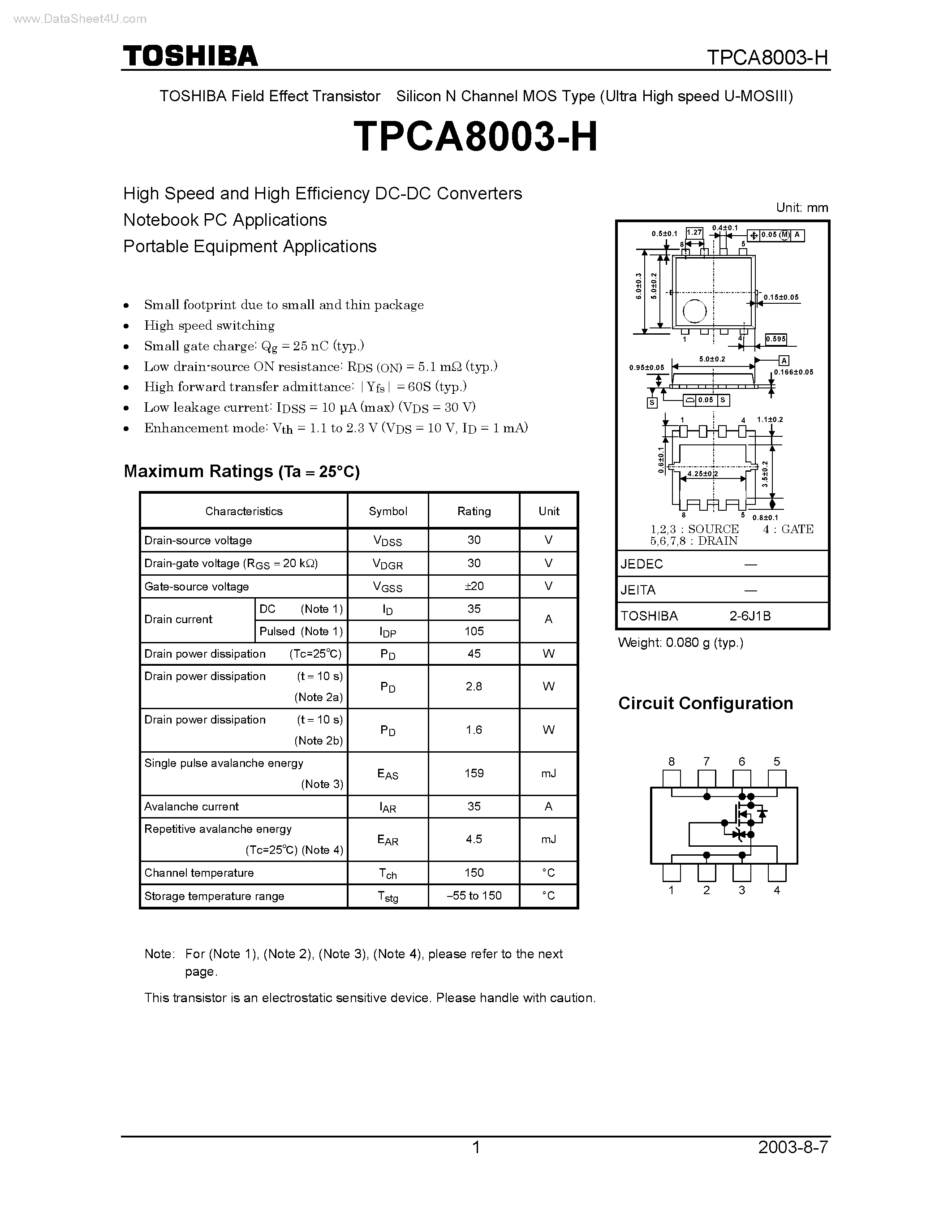 Datasheet TPCA8003-H - Field Effect Transistor Silicon N Channel MOS Type page 1