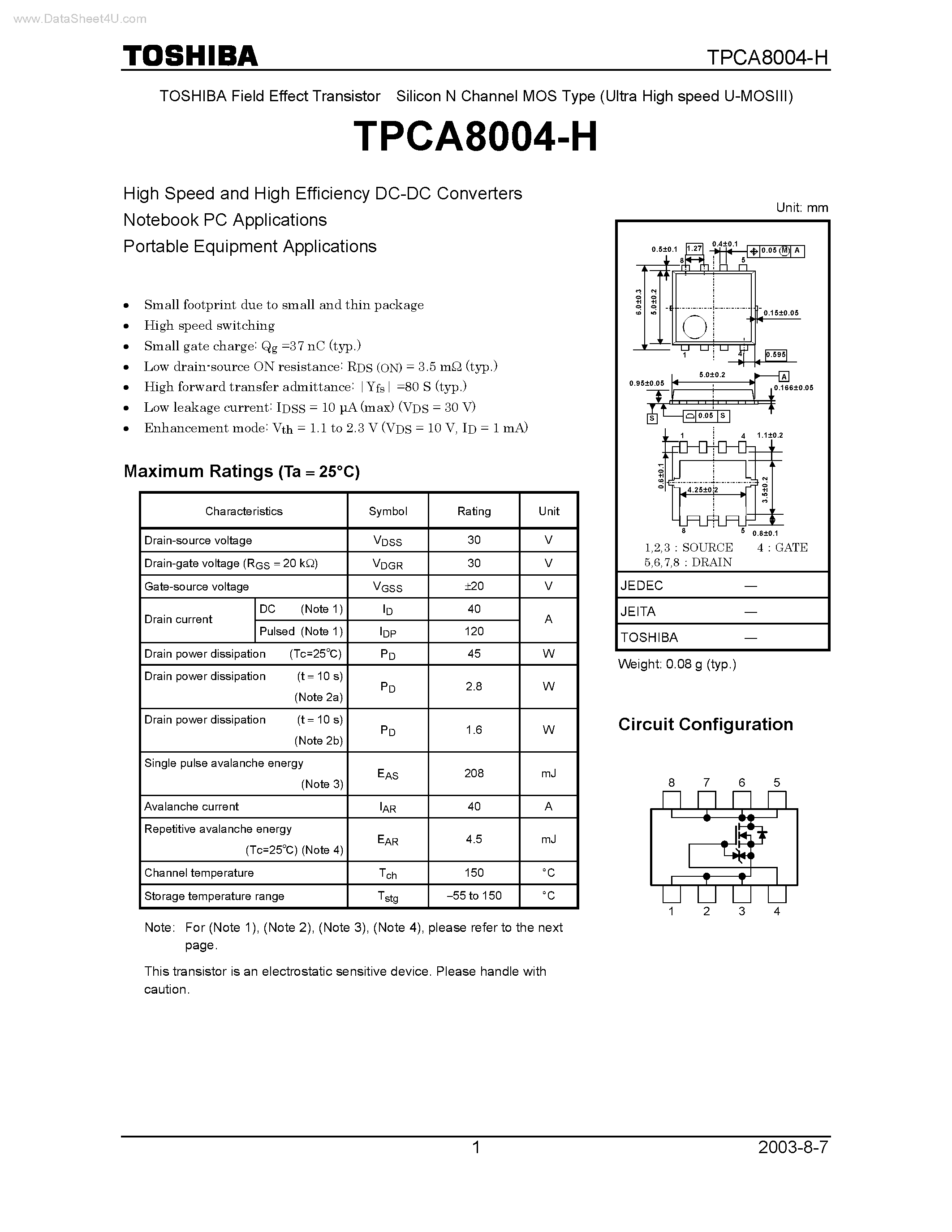 Datasheet TPCA8004-H - TOSHIBA Field Effect Transistor Silicon N Channel MOS Type page 1