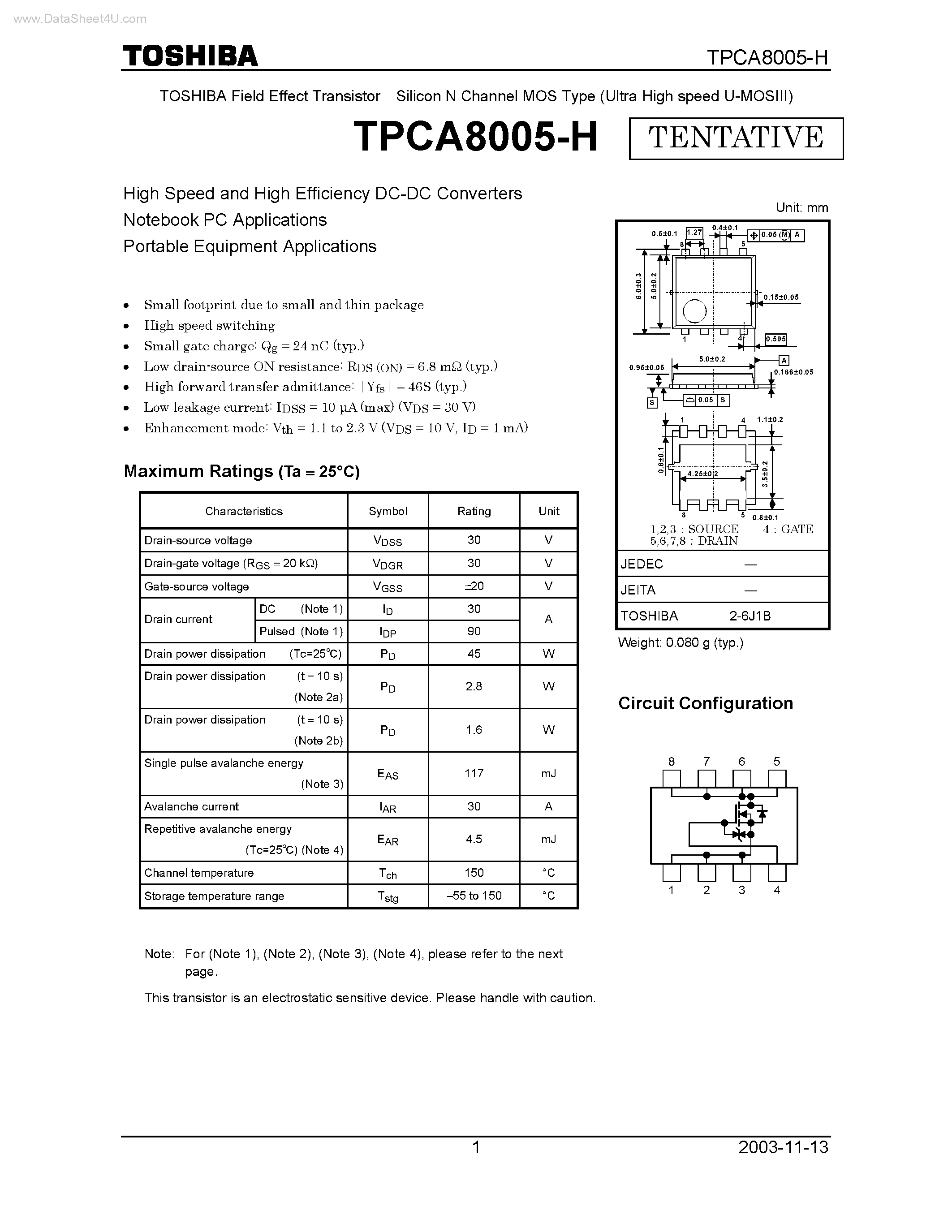Datasheet TPCA8005-H - Silicon N Channel MOS Type page 1