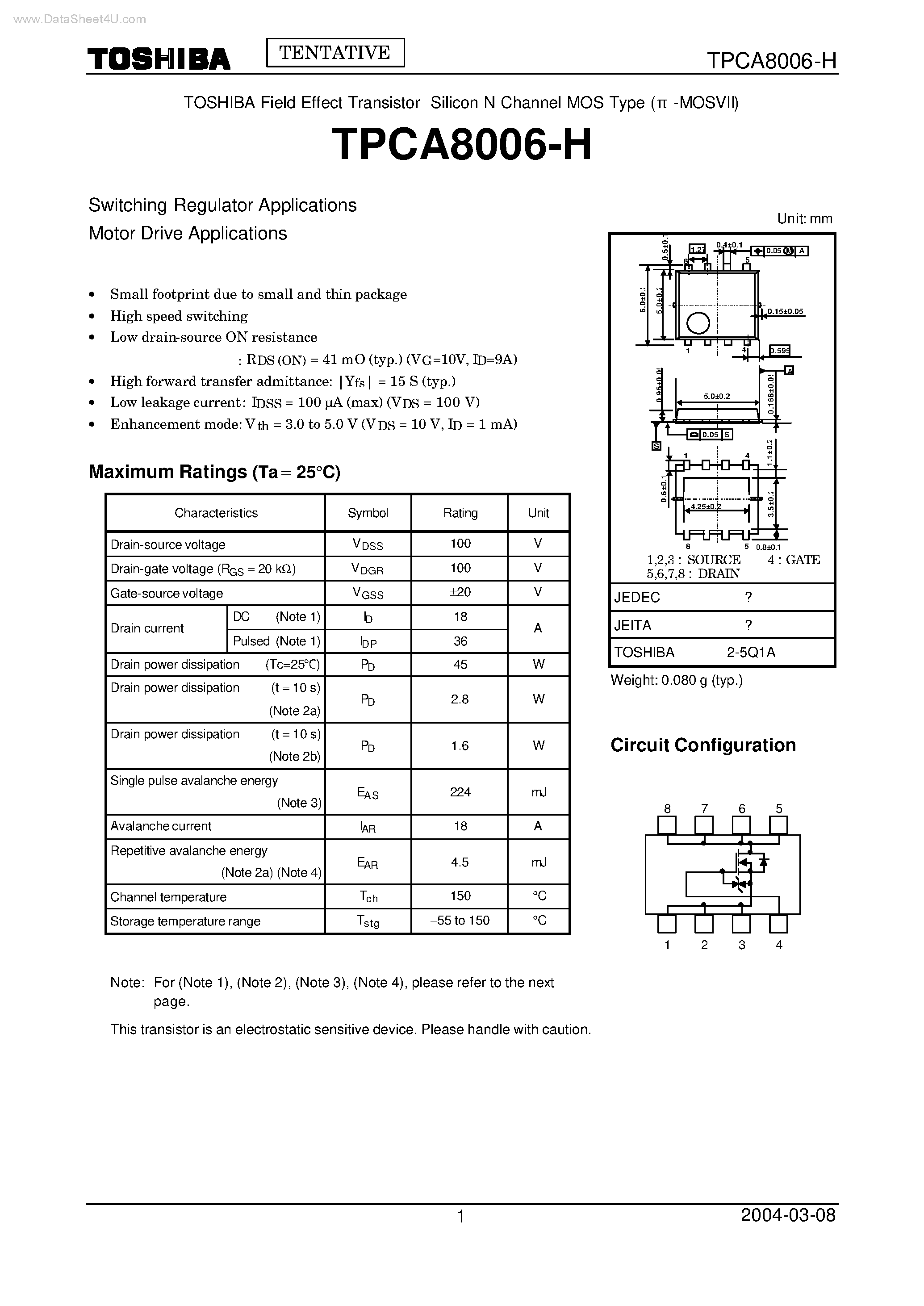 Datasheet TPCA8006-H - TOSHIBA Field Effect Transistor Silicon N Channel MOS Type page 1