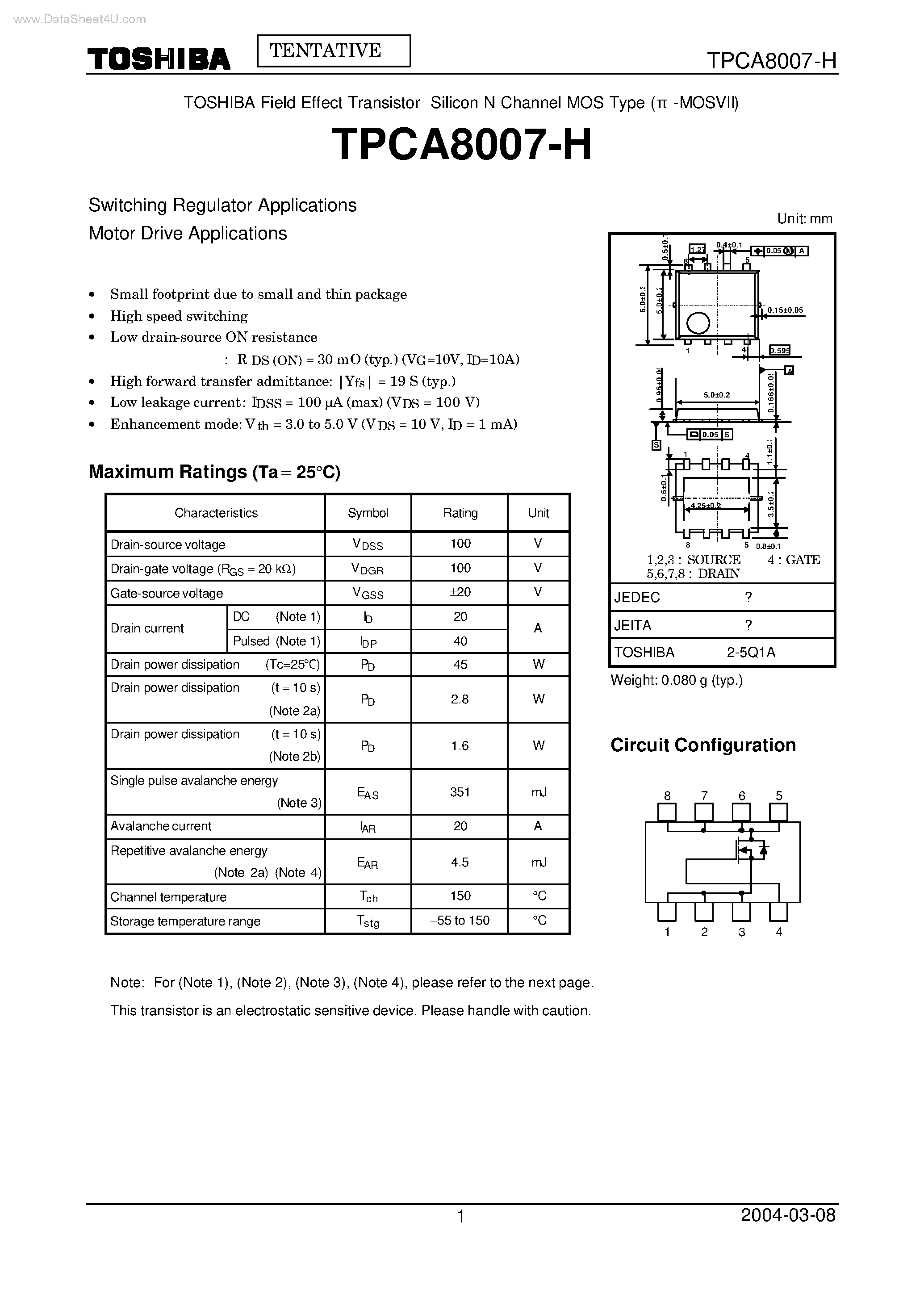 Datasheet TPCA8007-H - Switching Regulator Applications page 1