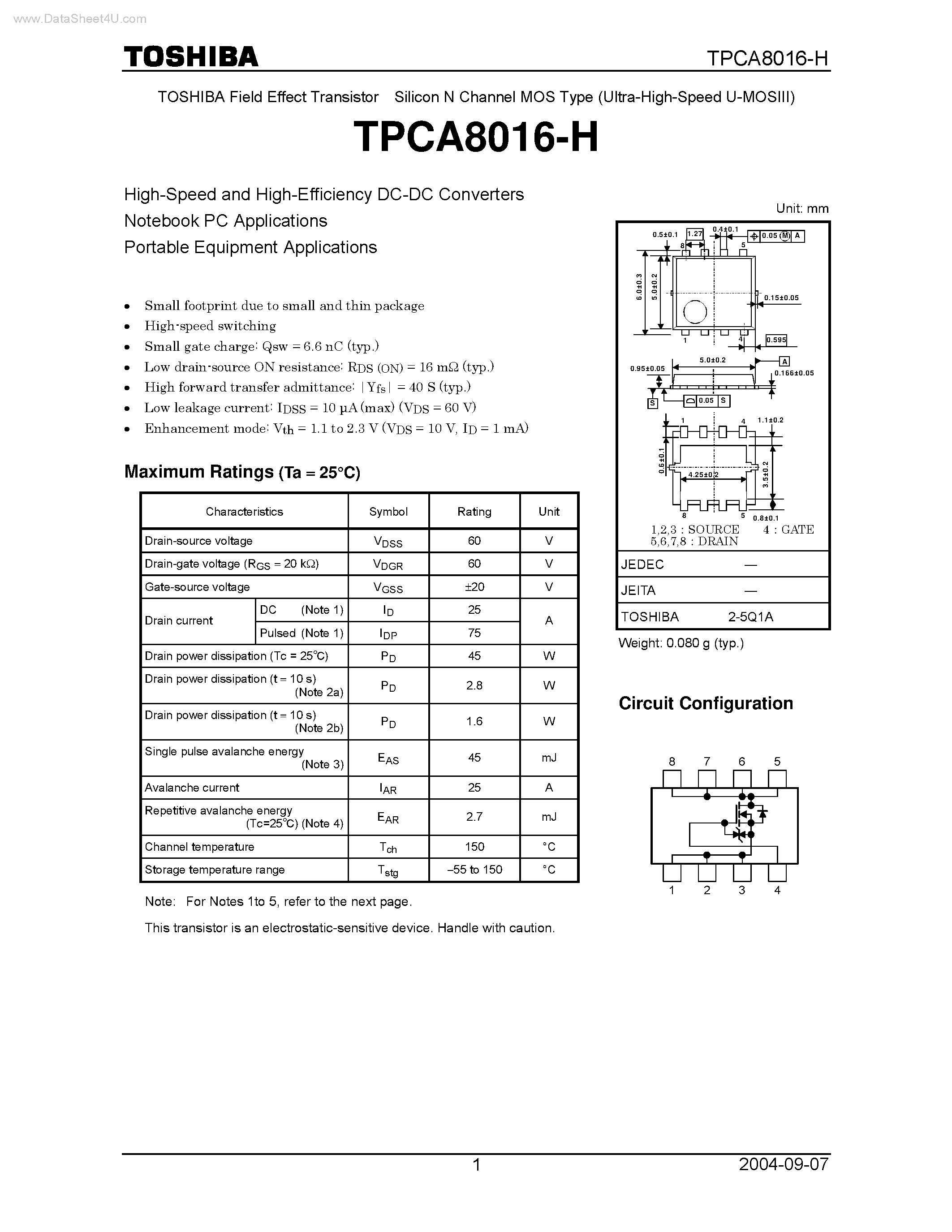 Datasheet TPCA8016-H page 1 Datasheet TPCA8016-H - High-Speed and High-Efficiency DC-DC Converters page 1