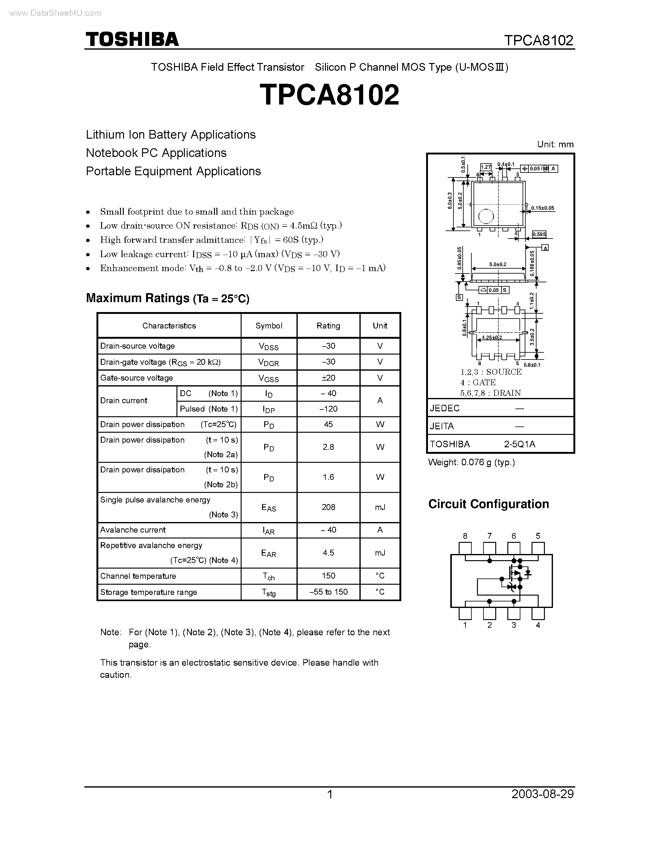 Datasheet TPCA8102 - TOSHIBA Field Effect Transistor Silicon P Channel MOS Type page 1