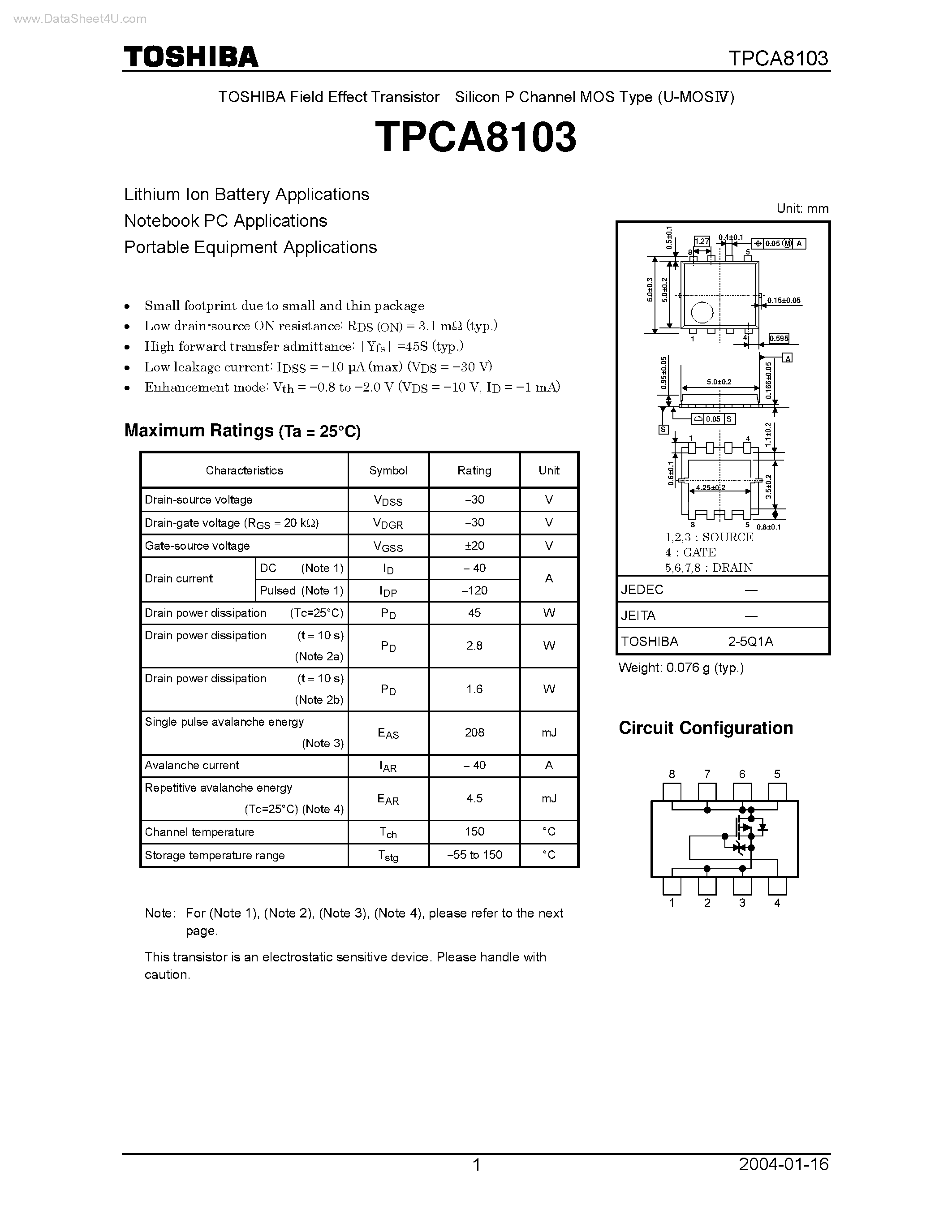 Datasheet TPCA8103 - TOSHIBA Field Effect Transistor Silicon P Channel MOS Type page 1
