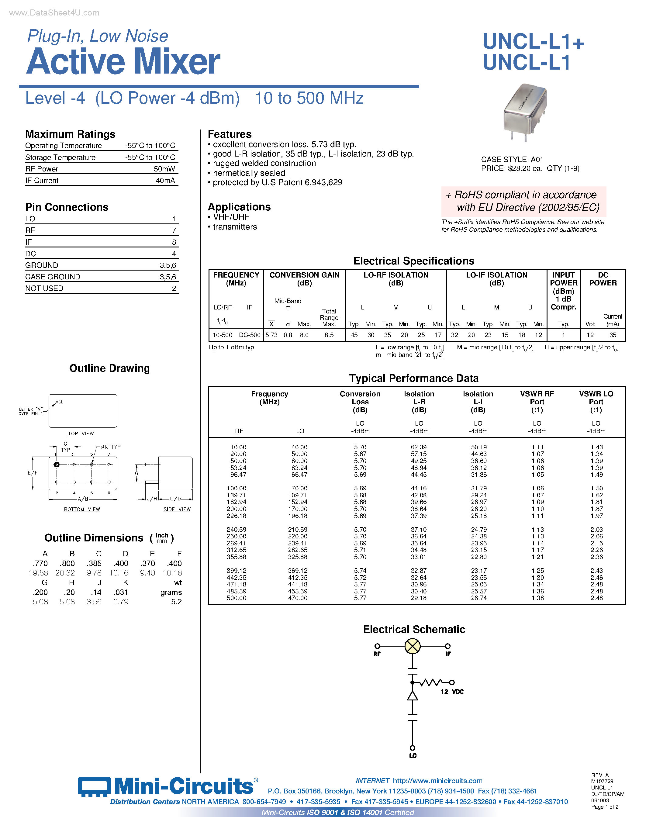 Datasheet UNCL-L1 page 1 Datasheet UNCL-L1 - Low Noise Active Mixer page 1