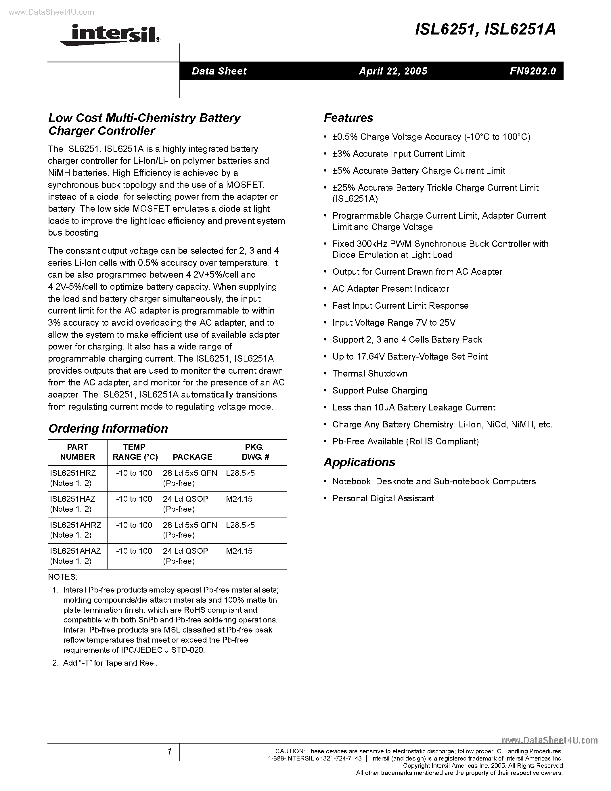 Datasheet ISL6251 - Low Cost Multi Chemistry Battery Charger Controller page 1